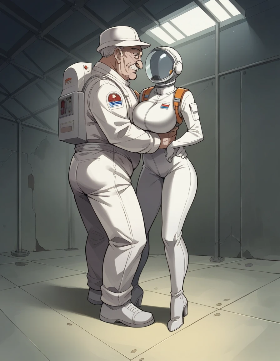 Masterpiece, best quality, Masterpiece, best quality, 1 woman, astronaut suit , wear a hat , big breasts , abdomen , Long legs , Put your hands on your hips... , shoe , 1 man , old man , Dry skin , Waist hug , molest , full body , abandoned factory , at night