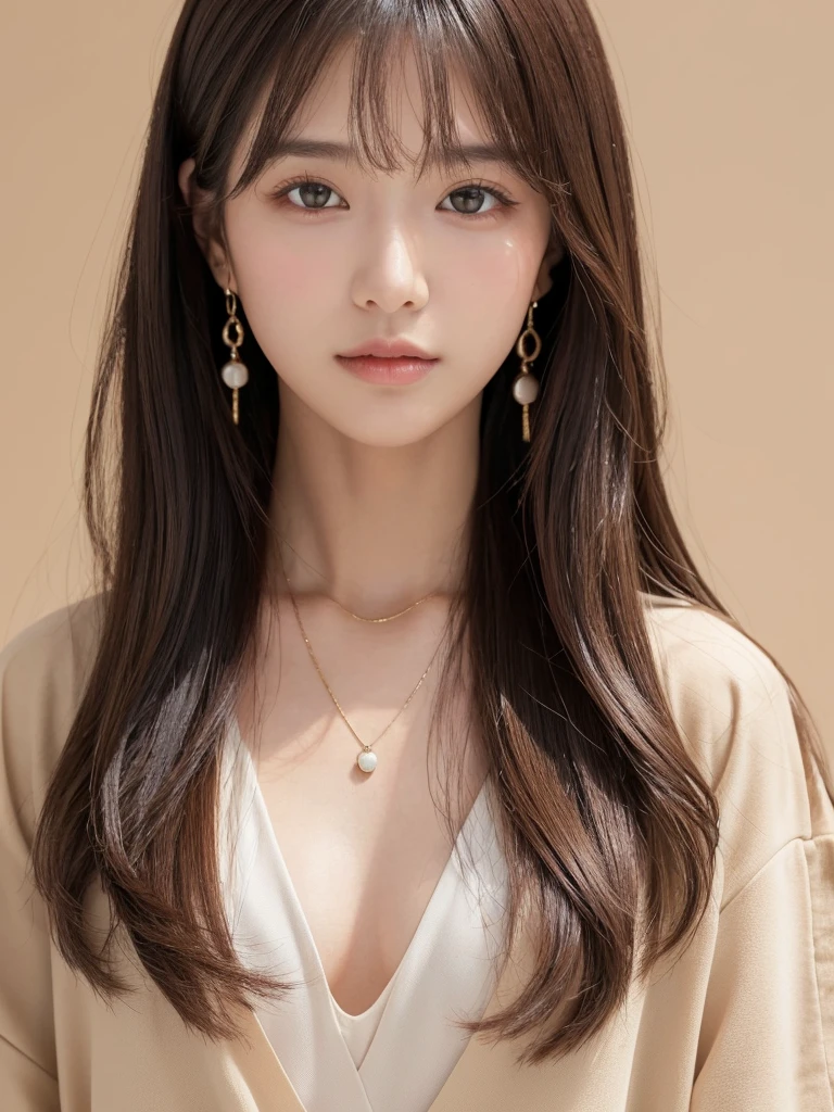 ((Highest quality, 8k, masterpiece:1.3)), concentrate: 1.2, Perfect body beauty: 1.4, Hips: 1.2, ((Long Hair, chest: 1.2)), (Dry clothes: 1.1) , (clear, Simple Background:1.3), Simple clothes: 1.1, Highly detailed face and skin texture,Delicate eyes, double eyelid, Whitened skin, Rough skin、Long Hair、Earrings with bangs、necklace、 solo、Beige coat、White shirt, (((Beautiful girl with cute Japan)))、 ((Beautiful Japanese girl 20 years old))、 ((Baby Face))、 (((Slender body)))、 Upper Body,Face focus、necklace,Simple Background,From above, Realistic Hair、 A photograph was taken:Canon EOS R6、135mm、1/1250 seconds、f2.8、ISO400、(Detailed explanation of the hand)、(Masseter muscle area)、(Exquisite CG)、Long Hair, loose and curly hair、Korean Hair、Long Hair明るいベージュ色、グラデーションハイライトグレージュのゆるふわLong Hairスタイル、