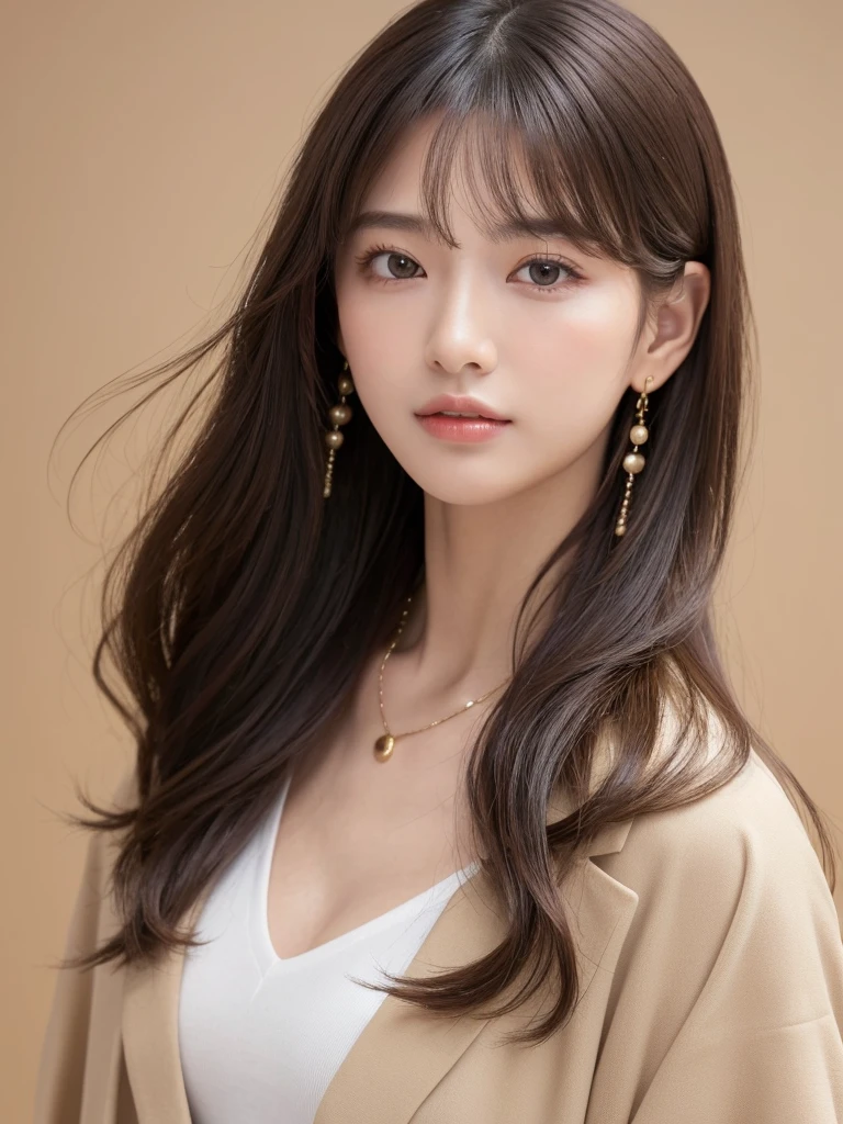  ((Highest quality, 8k, masterpiece:1.3)), concentrate: 1.2, Perfect body beauty: 1.4, Hips: 1.2, ((Long Hair, chest: 1.2)), (Dry clothes: 1.1) , (clear, Simple Background:1.3), Simple clothes: 1.1, Highly detailed face and skin texture,Delicate eyes, double eyelid, Whitened skin, Rough skin、Long Hair、Earrings with bangs、necklace、 solo、Beige coat、White shirt,  (((Beautiful girl with cute Japan)))、  ((Beautiful Japanese girl 20 years old))、 ((Baby Face))、 (((Slender body)))、  Upper Body，Face focus、necklace，Simple Background，From above， Realistic Hair、 A photograph was taken:Canon EOS R6、135mm、1/1250 seconds、f2.8、ISO400、(Detailed explanation of the hand)、(Masseter muscle area)、(Exquisite CG)、Long Hair, loose and curly hair、Korean Hair、Long Hair明るいベージュ色、グラデーションハイライトグレージュのゆるふわLong Hairスタイル、