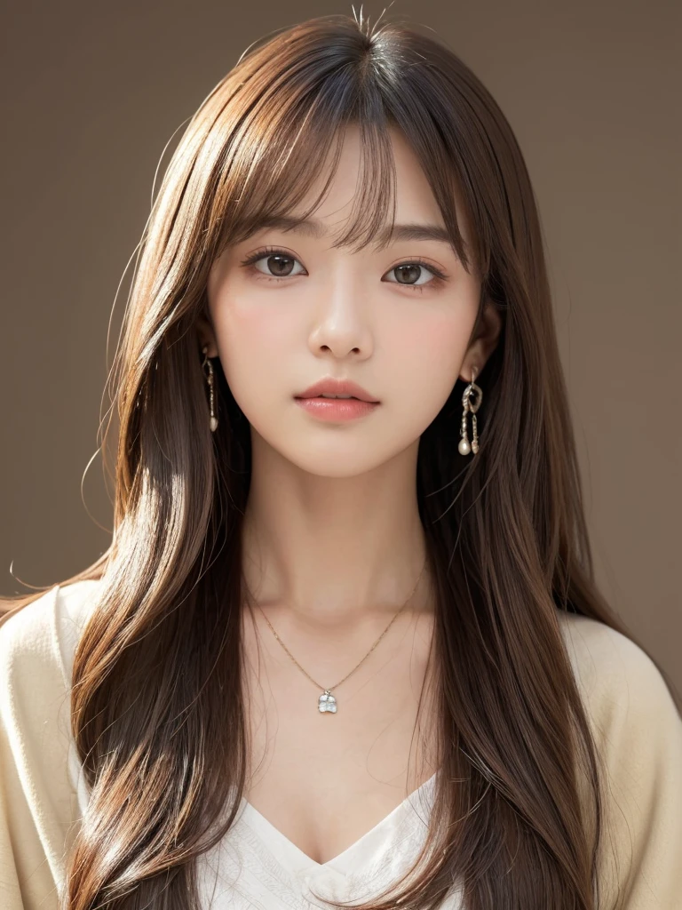 ((Highest quality, 8k, masterpiece:1.3)), concentrate: 1.2, Perfect body beauty: 1.4, Hips: 1.2, ((Long Hair, chest: 1.2)), (Dry clothes: 1.1) , (clear, Simple Background:1.3), Simple clothes: 1.1, Highly detailed face and skin texture,Delicate eyes, double eyelid, Whitened skin, Rough skin、Long Hair、Earrings with bangs、necklace、 solo、Beige coat、White shirt, (((Beautiful girl with cute Japan)))、 ((Beautiful Japanese girl 20 years old))、 ((Baby Face))、 (((Slender body)))、 Upper Body,Face focus、necklace,Simple Background,From above, Realistic Hair、 A photograph was taken:Canon EOS R6、135mm、1/1250 seconds、f2.8、ISO400、(Detailed explanation of the hand)、(Masseter muscle area)、(Exquisite CG)、Long Hair, loose and curly hair、Korean Hair、Long Hair明るいベージュ色、グラデーションハイライトグレージュのゆるふわLong Hairスタイル、