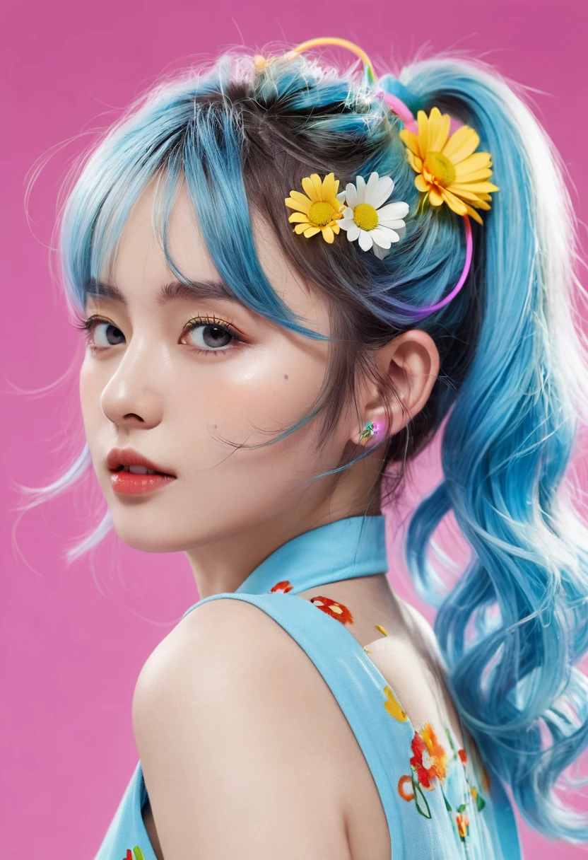 (masterpiece), (best quality), (Super Detail), (Messy hair), (illustration), (A girl), (Fashionable clothes), permanent, fashion model, Bystanders, (interview), (Simple background), beautiful eyes, Delicate and beautiful face, floating, (High Saturation), (Colorful splash), Colorful bubbles, (shine), Face Focused, Ponytail, Light blue hair, Bangs, Hair ring, floating Flowers, floating Hairs, (shining), Optimal lighting, Best shadow