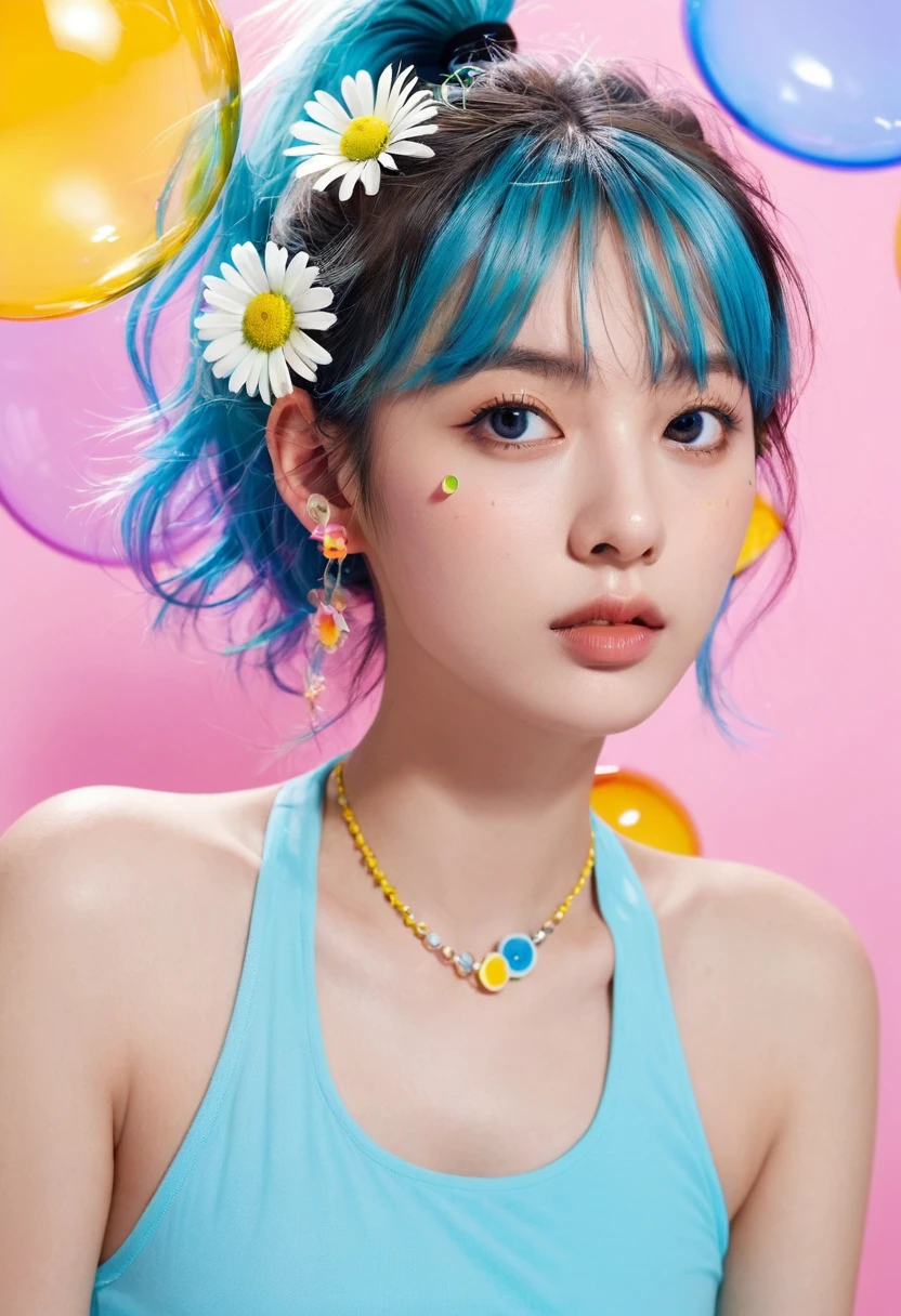 (masterpiece), (best quality), (Super Detail), (Messy hair), (illustration), (A girl), (Fashionable clothes), permanent, fashion model, Bystanders, (interview), (Simple background), beautiful eyes, Delicate and beautiful face, floating, (High Saturation), (Colorful splash), Colorful bubbles, (shine), Face Focused, Ponytail, Light blue hair, Bangs, Hair ring, floating Flowers, floating Hairs, (shining), Optimal lighting, Best shadow