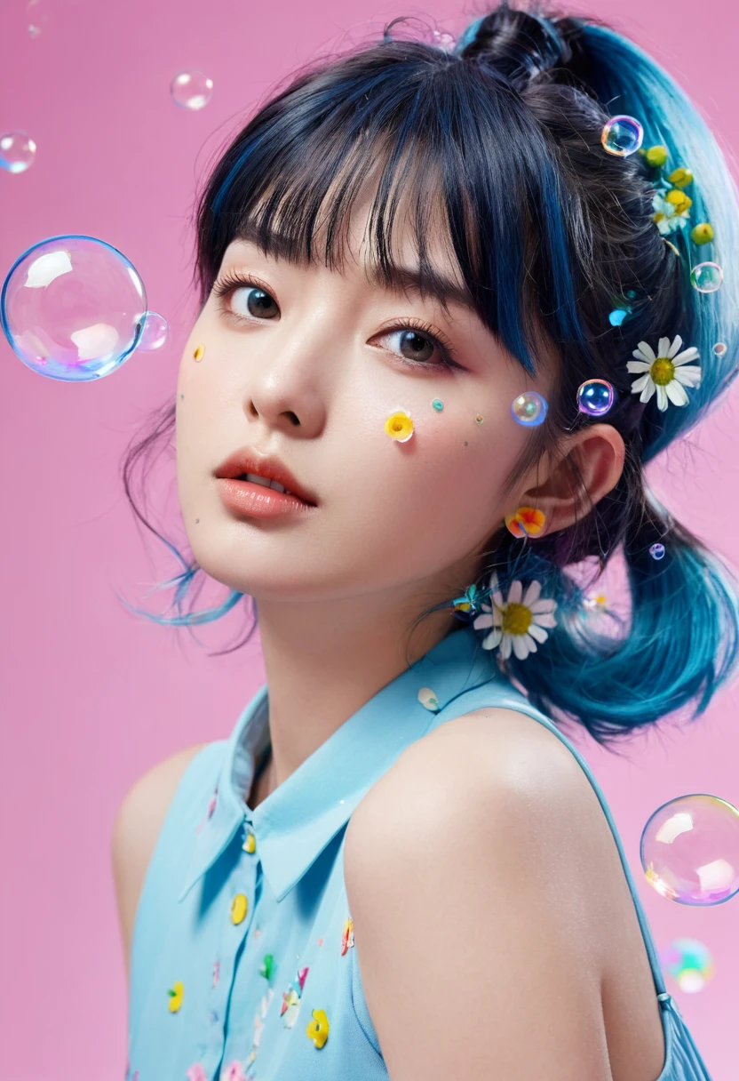 (masterpiece), (best quality), (Super Detail), (Messy hair), (illustration), (A girl), (Fashionable clothes), permanent, fashion model, Bystanders, (interview), (Simple background), beautiful eyes, Delicate and beautiful face, floating, (High Saturation), (Colorful splash), Colorful bubbles, (shine), Face Focused, Ponytail, Light blue hair, Bangs, Hair ring, floating Flowers, floating Hairs, (shining), Optimal lighting, Best shadow