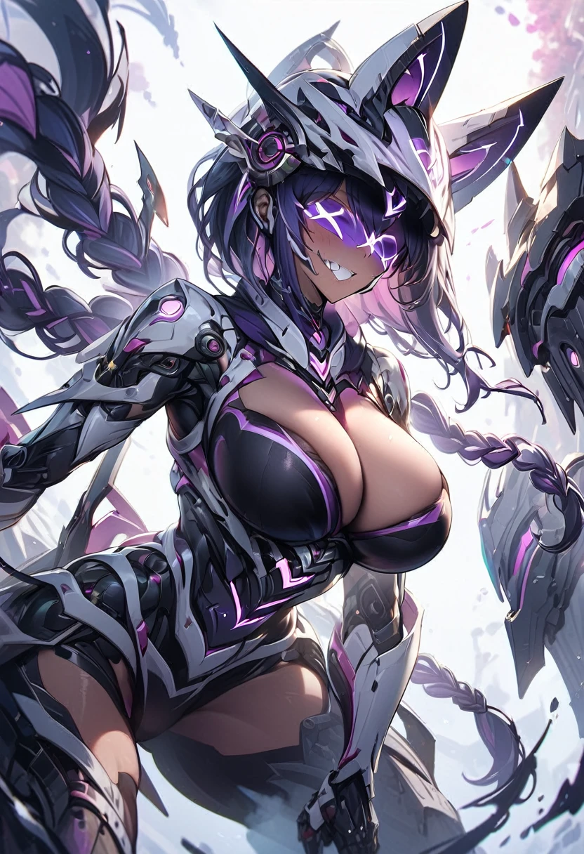 ((masterpiece,High resolution,Highest quality,8k))
(Female Robot,60% mechanical body,mechanical body,White mechanical helmet,Helmet Blindfold,Detailed lips)
(Brown skin,Dark Skin,Narrow waist,Super big breasts,Purple hair short,Square braid)Grin
(Black and purple coloring)