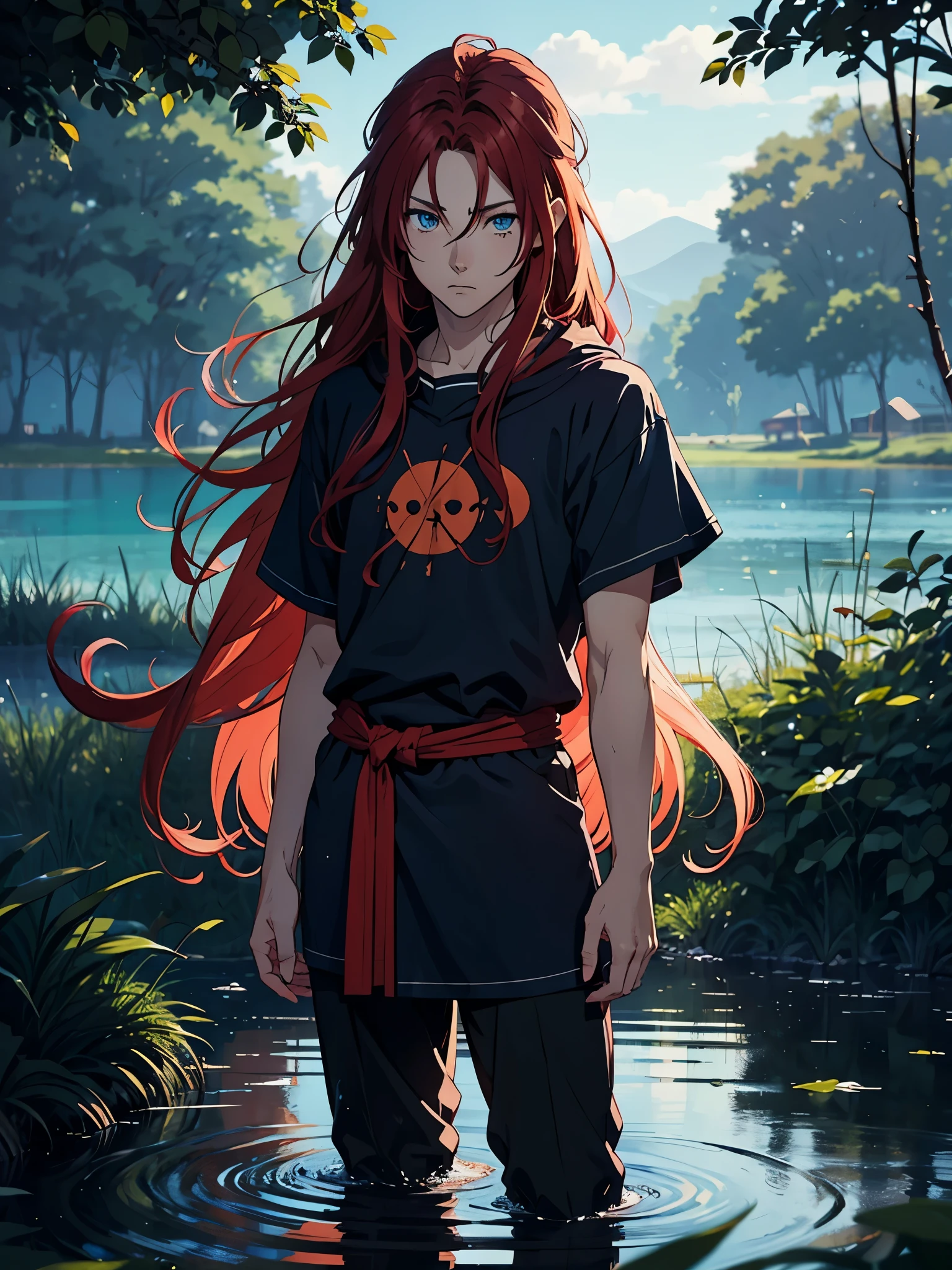 More anime style. blue flames. 2d. flatter. anime style. Viking clothing. soft. More anime. Standing in a lake. More anime. More 2d. Clean. More anime. 2d. Glow. Red hair. More anime. male. Long hair. long red hair. boy, vikings. red hair. Blue eyes. fire. 
