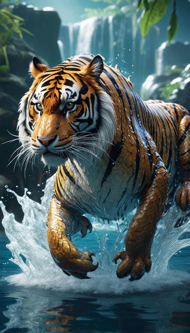 There is a creature in the water,A combination of tiger and dragon(best quality,4K,8k,High level,masterpiece:1.2),Ultra Detailed,(lifelike,Photo real,Photo real:1.37),Highly detailed animals,Complex patterns,Realistic lighting,Fantasy Creatures