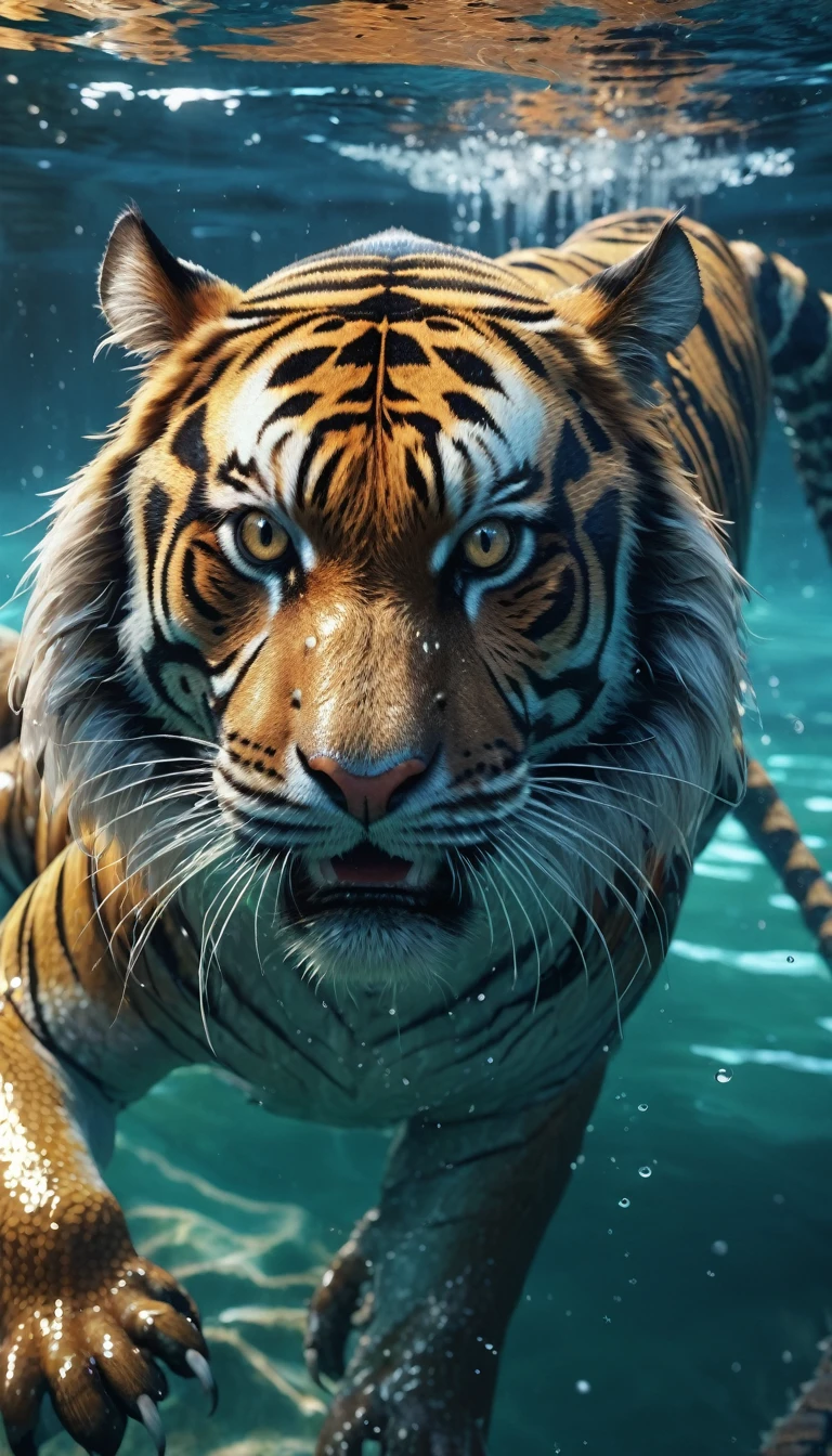 There is a creature in the water,A combination of tiger and dragon(best quality,4K,8k,High level,masterpiece:1.2),Ultra Detailed,(lifelike,Photo real,Photo real:1.37),Highly detailed animals,Complex patterns,Realistic lighting,Fantasy Creatures