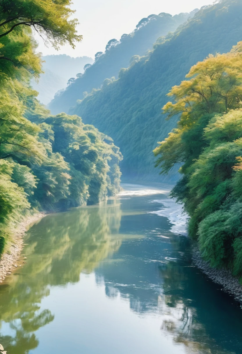 (Watercolor style, The art of spectroscopy) + Enjoy a panoramic view of the majestic river + Clothing Returns (Vista) + (flow + Subtle reflection) + (mix + splash) + (The light and shadow are clear + Swing Dynamics)