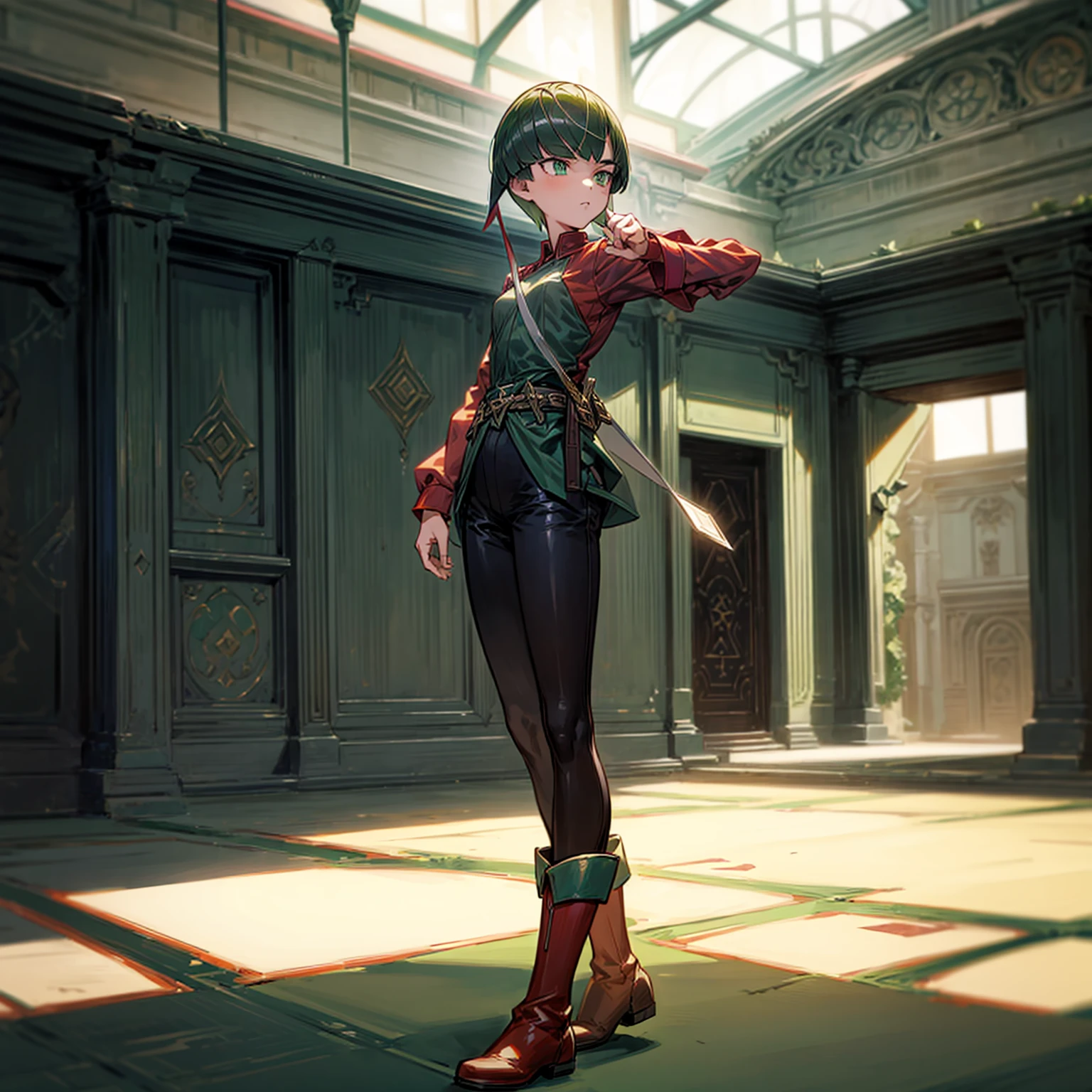 1girl, Full body version, 1character, green eyes, short haircut, green color hair, soldier style clothing, red colour clothing, boots, Grassroots, background indoor building city, motion blur, (detective conan style art), standing gesture, sword in hand 