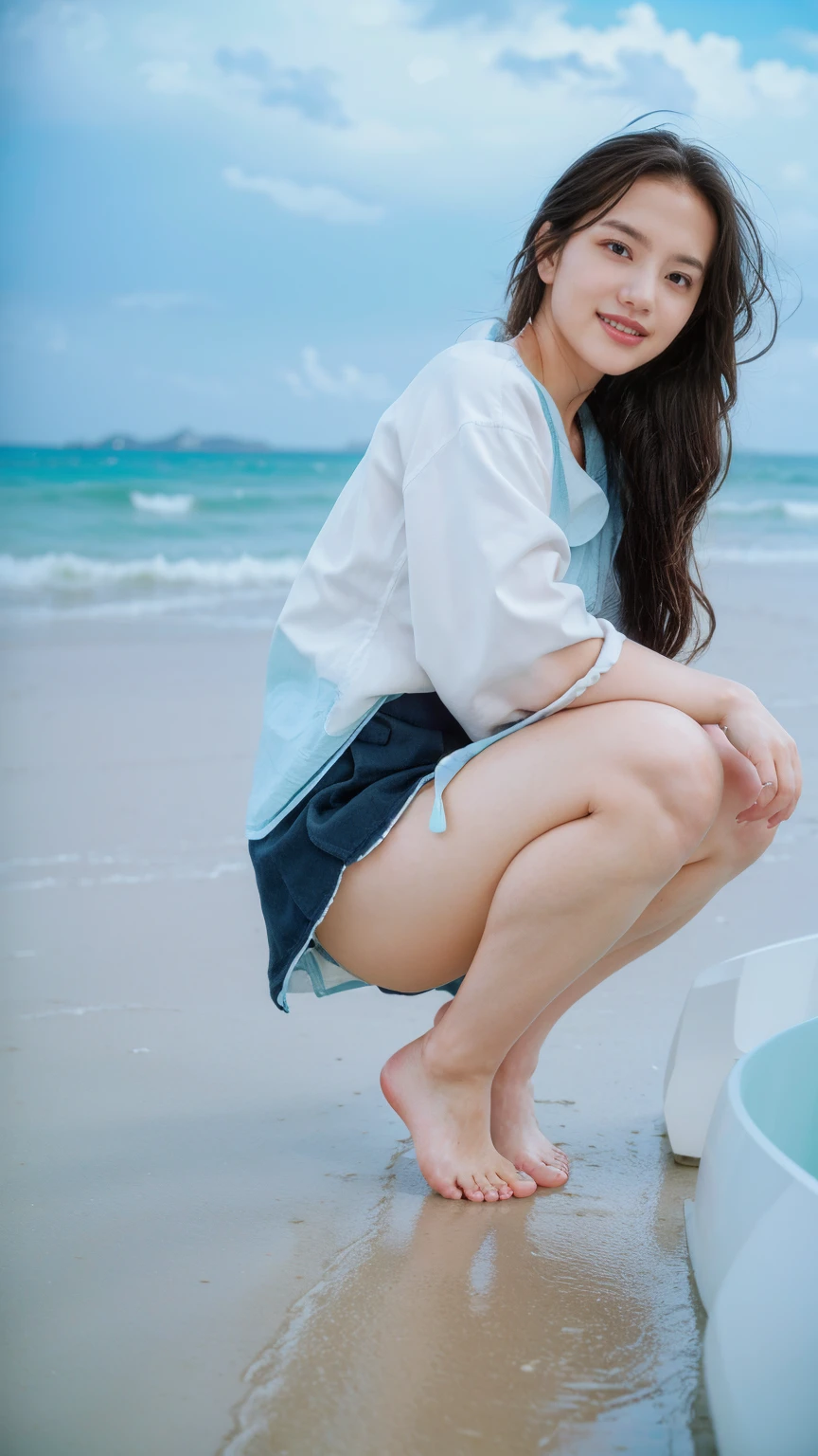 (((sunny day、Cute Japanese Woman、Beach、A strong wind is blowing、Her hair and skirt are flying、squat, Scooping up seawater and spreading your hands、Traditional navy blue sailor uniform、White blouse、Pleated skirt、Playing in the sea:1.25、splash、Pouring water into the camera、smile、Laughter、Sandy Beach、Light of the sun、clear blue sea、The waves crash quietly、Blue sky and white clouds、green mountain々、Beautiful Nature、The joys of youth)))、(((Top-down configuration:1.33)))、(((8k、Highest quality、masterpiece、Ultra-high resolution)))、(Realistic:1.4)、RAW Photos、(Realistic skin texture:1.3)、(Film Grain:1.3)、((No underwear、Bend one leg))、One Girl、Beautiful and detailed eyes and face、barefoot、