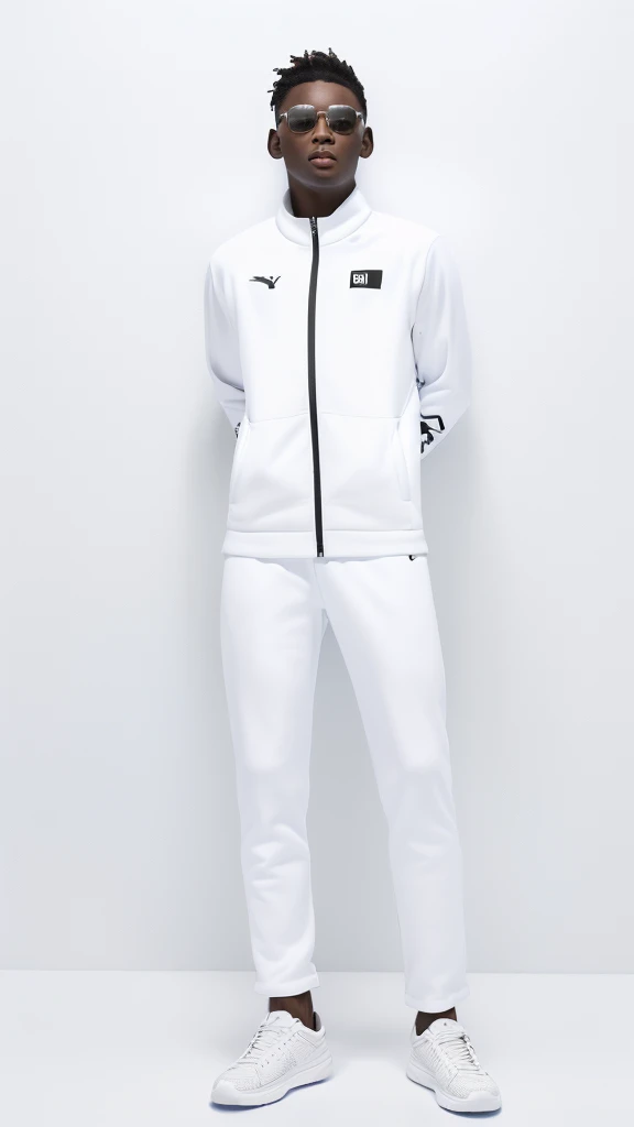 man in white jacket and black pants standing in front of white wall, Wearing a track suit, White sneakers,Sportswear,masterpiece,Best quality,Lots of details