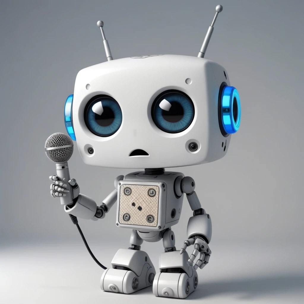 「Lost in the digital world」、A cartoon-style robot with a dice motif,Big eyes,antenna,Blank electronic display panel on chest、Holding the microphone close to his mouth while speaking