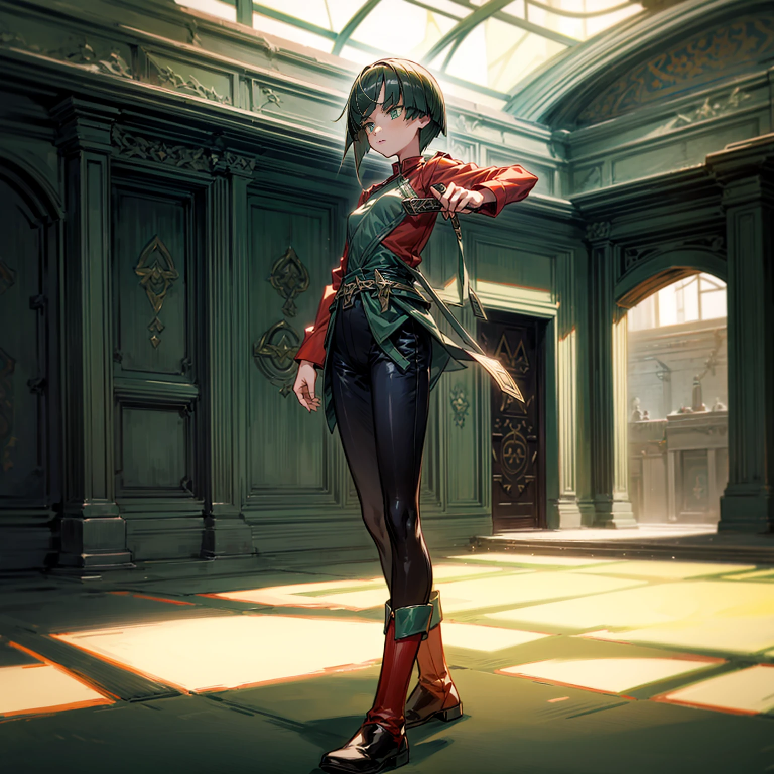 1girl, Full body version, 1character, green eyes, short haircut, green color hair, soldier style clothing, red colour clothing, boots, Grassroots, background indoor building city, motion blur, (detective conan style art), standing gesture, sword in hand 