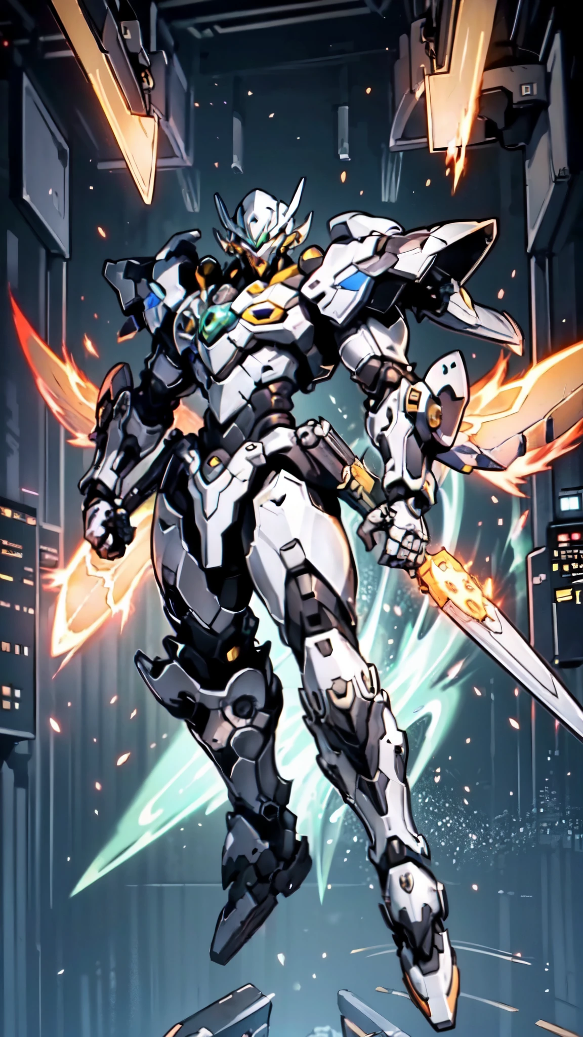 (masterpiece:1.5, best quality:1.5, extremely delicate:1.5), humanoid Mecha, fully enclosed shoulder guards, matching arm and leg guards, full body, full armor, the design balances heavy with agility, (the color scheme is primarily white with red and blue accents, the concept Inspired by Super robot, organic biotech armor, standing, floating high above the futuristic sci-fi city), exquisite and mature art style, (aura effect, energy, glowing eyes, the armor glows), metallic, dramatic, high definition, highres, ultra-detailed, ultra-fine painting, professional, perfect body proportions, anatomically correct, symmetrical face, extremely detailed eyes and face, high quality eyes, creativity, RAW photo, UHD, 32k, Natural light, cinematic lighting, masterpiece-anatomy-perfect