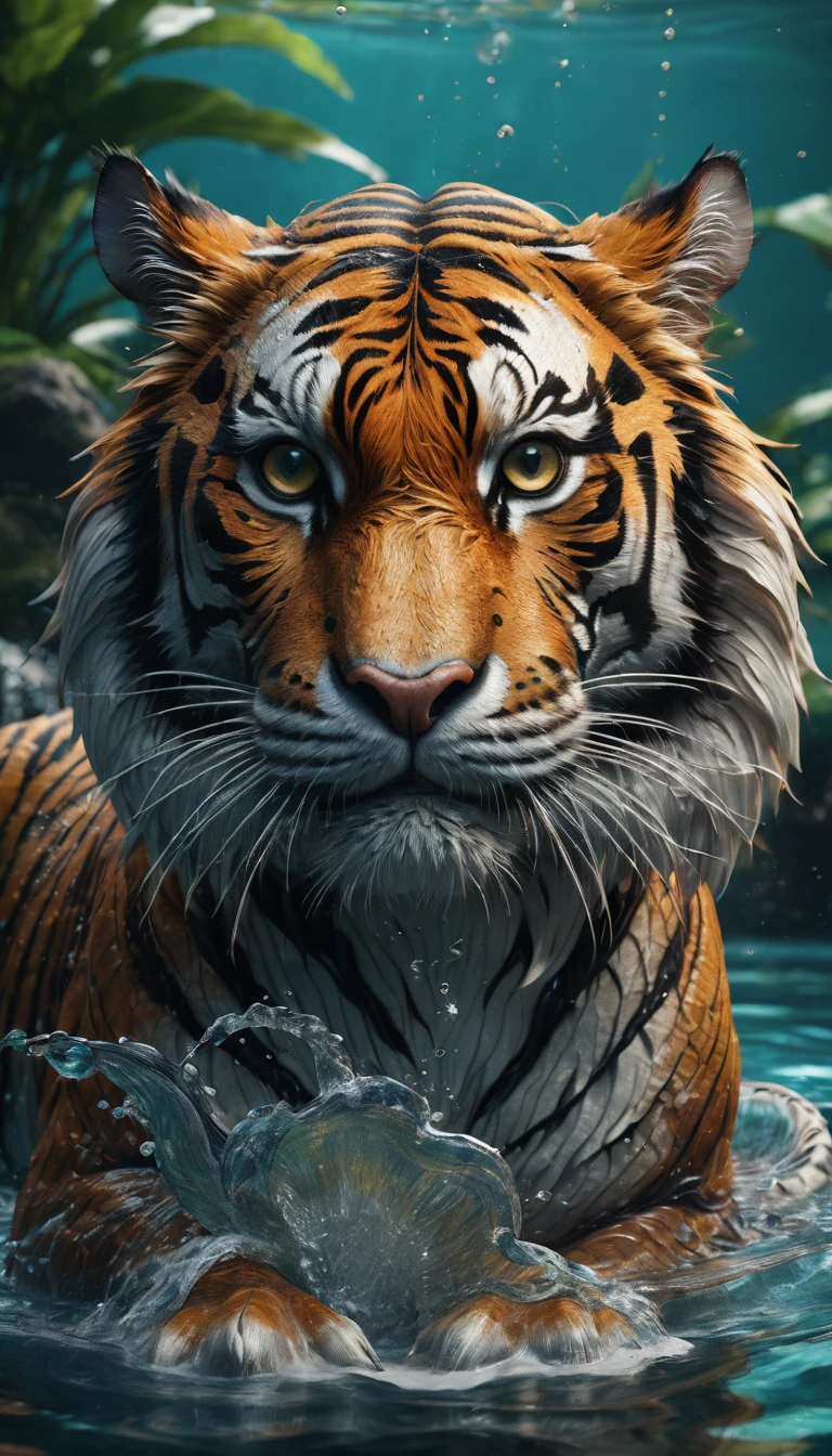 There is a creature in the water,A combination of tiger and dragon(best quality,4K,8k,High level,masterpiece:1.2),Ultra Detailed,(lifelike,Photo real,Photo real:1.37),Highly detailed animals,Complex patterns,Realistic lighting,Fantasy Creatures