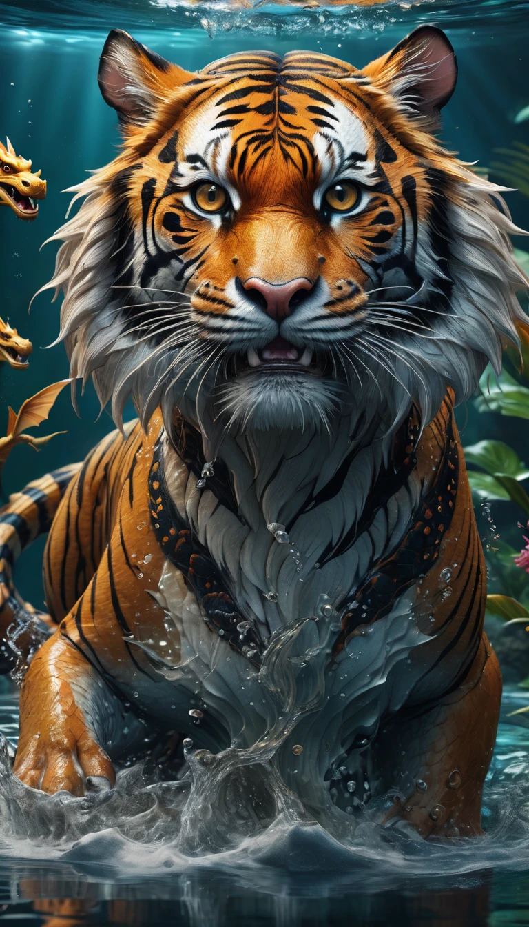 There is a creature in the water,A combination of tiger and dragon(best quality,4K,8k,High level,masterpiece:1.2),Ultra Detailed,(lifelike,Photo real,Photo real:1.37),Highly detailed animals,Complex patterns,Realistic lighting,Fantasy Creatures