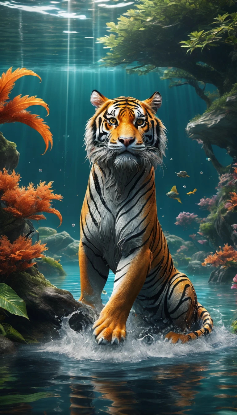 There is a creature in the water,A combination of tiger and dragon(best quality,4K,8k,High level,masterpiece:1.2),Ultra Detailed,(lifelike,Photo real,Photo real:1.37),Highly detailed animals,Complex patterns,Realistic lighting,Fantasy Creatures