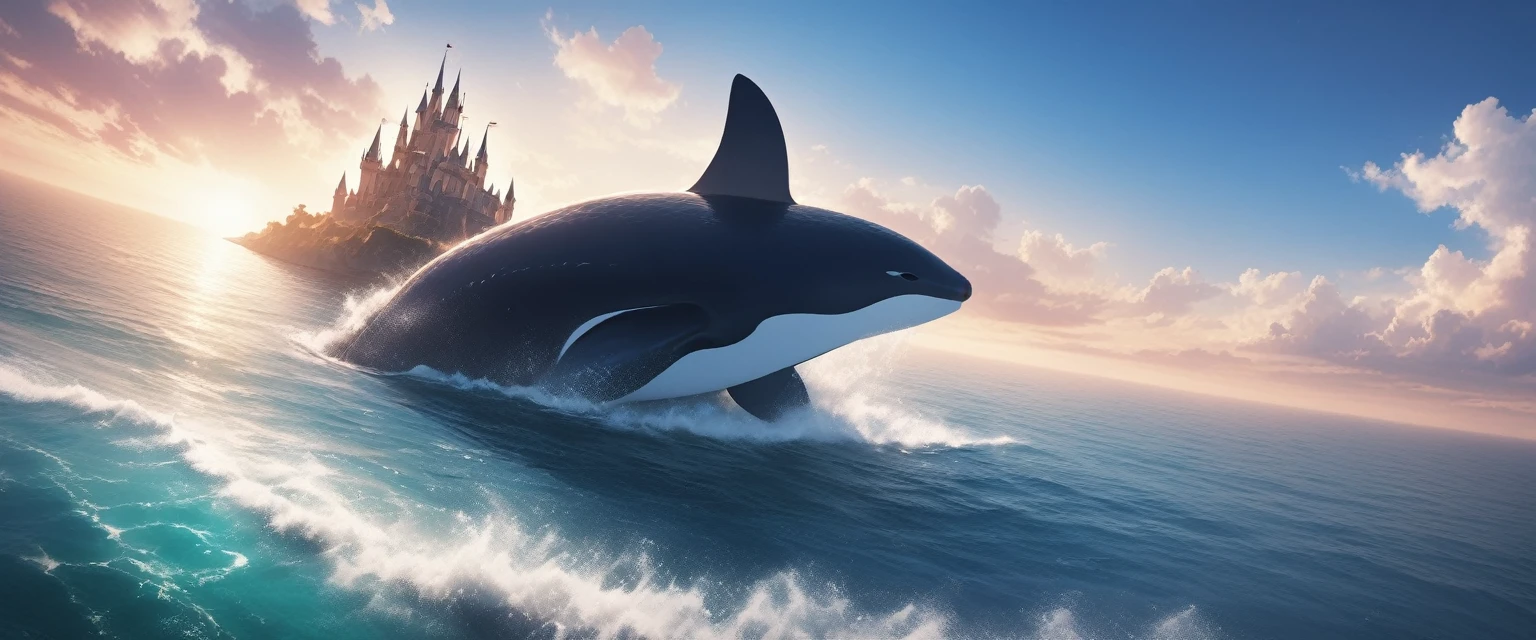 a digital paining of whale flying over castle in the middle of the sea, a giant whale an (epic killer whale: 1.3), (anatomically correct: 1.3) flying over a fantasy (castle at sea: 1.2), the castle is big with towers and turrets, its a wavy sea, its a sunny day, sun rays, Ultra-high resolution, High Contrast, (masterpiece:1.5), highest quality, Best aesthetics), 16K fantasy art, best details, best quality, highres, (ultra wide angle: 1.2), 16k, [ultra detailed], masterpiece, best quality, (extremely detailed),  magical sky