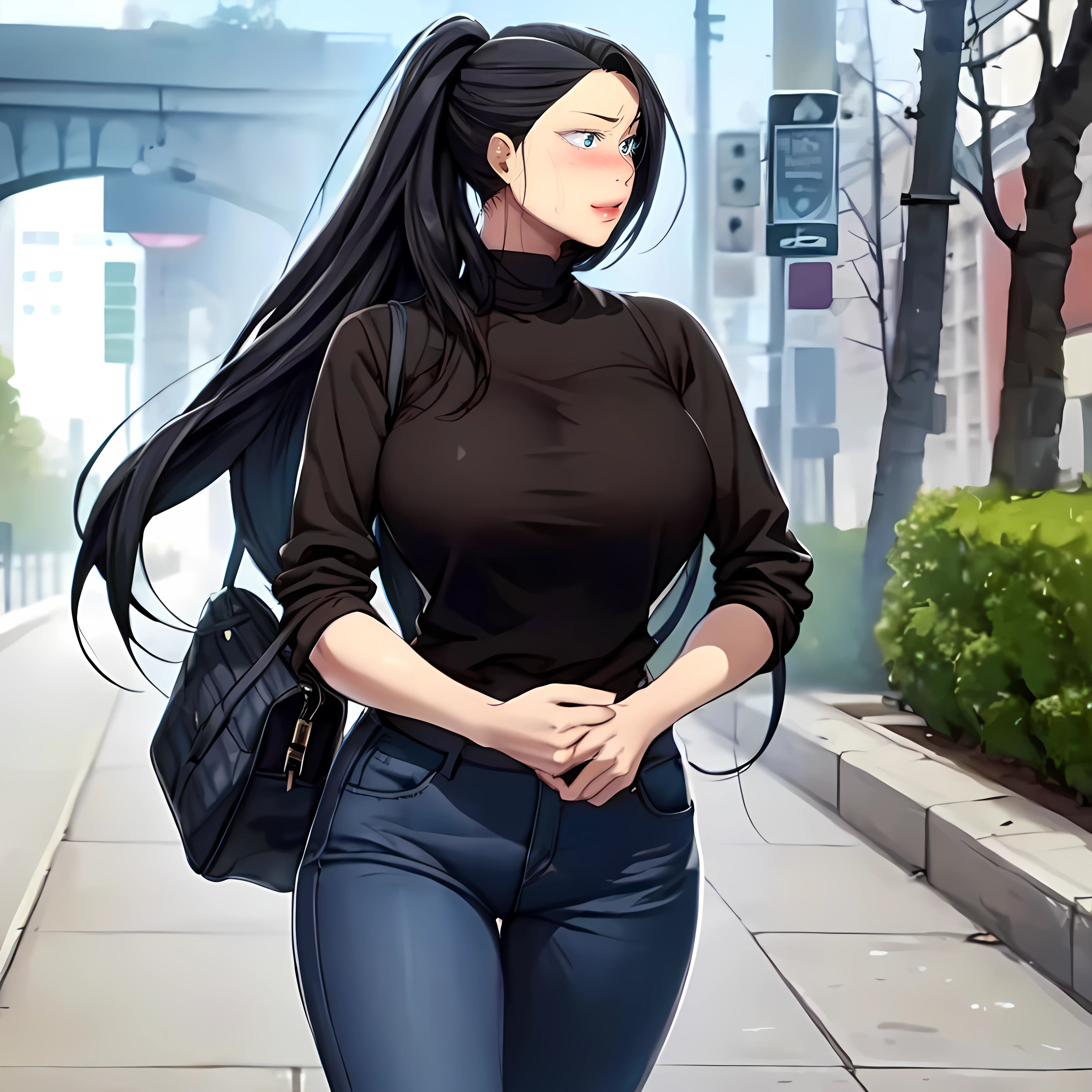 score_9, score_8_up, score_7_up, score_6_up, score_5_up, score_4_up, (8k, RAW photo, best quality, masterpiece:1.2), black hair, long hair, front view detailed body, long belly, big , Slender body, tight body , thicc medium breast , thicc thighs,Seoldef, black hair, black eyes, long hair, 1girl, solo, bag, realistic, handbag, chino, ponytail, jeans, pants, coat, turtleneck, long_hair, black_hair, walking, holding, outdoors