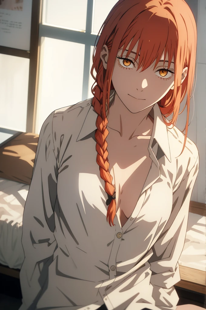 hand \(Chainsaw Man\),, One Girl, only, sit, Redhead, Long braided hair, Golden Eyes, show off breast, Mid-chest, Open white shirt, Perfect collarbone, (White lace panties), (just:1.2), look up , (close:1.3), , Upper Body, Highest quality, Glowing Skin, Highest quality, High resolution, , bed