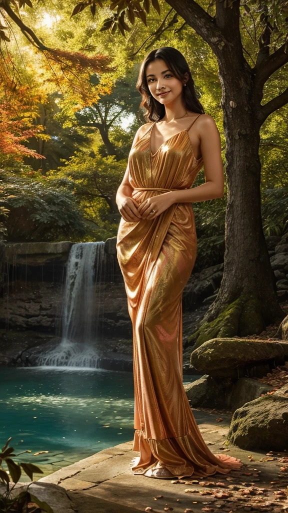 "Underneath a canopy of ancient oak trees, their branches intertwined like fingers of old friends, a radiant woman in a flowing, crimson dress stands at the edge of a sun-dappled clearing. The late afternoon light filters through the leaves, casting a gentle golden glow on her face and illuminating the intricate patterns of her attire. In the background, a cascading waterfall spills into a crystal-clear pool, creating a symphony of sound that blends harmoniously with the rustling of leaves. With a serene smile, she gazes towards the horizon, where the sky is painted in hues of orange and pink, a canvas that mirrors the warmth and tranquility of her presence."