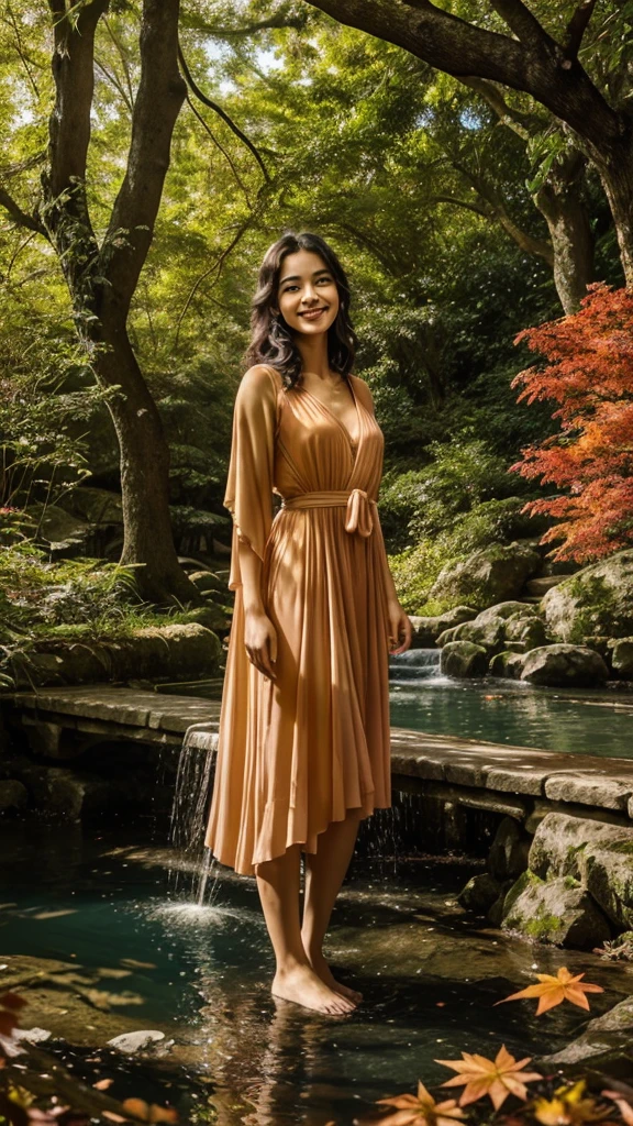 "Underneath a canopy of ancient oak trees, their branches intertwined like fingers of old friends, a radiant woman in a flowing, crimson dress stands at the edge of a sun-dappled clearing. The late afternoon light filters through the leaves, casting a gentle golden glow on her face and illuminating the intricate patterns of her attire. In the background, a cascading waterfall spills into a crystal-clear pool, creating a symphony of sound that blends harmoniously with the rustling of leaves. With a serene smile, she gazes towards the horizon, where the sky is painted in hues of orange and pink, a canvas that mirrors the warmth and tranquility of her presence."