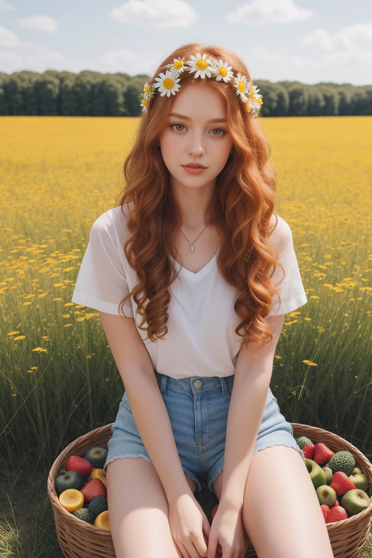 (girl:1.2),alone, (long ginger curly hair:1.1), brown eyes, Wearing a daisy wreath on your head, Sit in a daisy field, (fruit basket:1.1), blue shorts, red shirt,,raw,photographic,photo shadows,actual,Ridiculous,Aesthetic,elegant