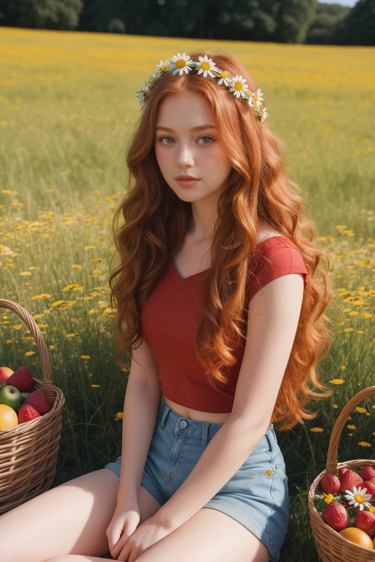 (girl:1.2),alone, (long ginger curly hair:1.1), brown eyes, Wearing a daisy wreath on your head, Sit in a daisy field, (fruit basket:1.1), blue shorts, red shirt,,raw,photographic,photo shadows,actual,Ridiculous,Aesthetic,elegant
