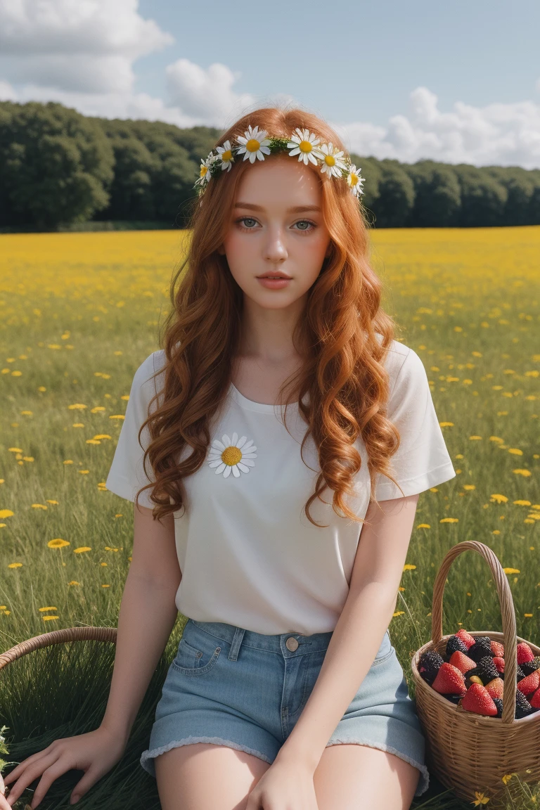 (girl:1.2),alone, (long ginger curly hair:1.1), brown eyes, Wearing a daisy wreath on your head, Sit in a daisy field, (fruit basket:1.1), blue shorts, red shirt,,raw,photographic,photo shadows,actual,Ridiculous,Aesthetic,elegant
