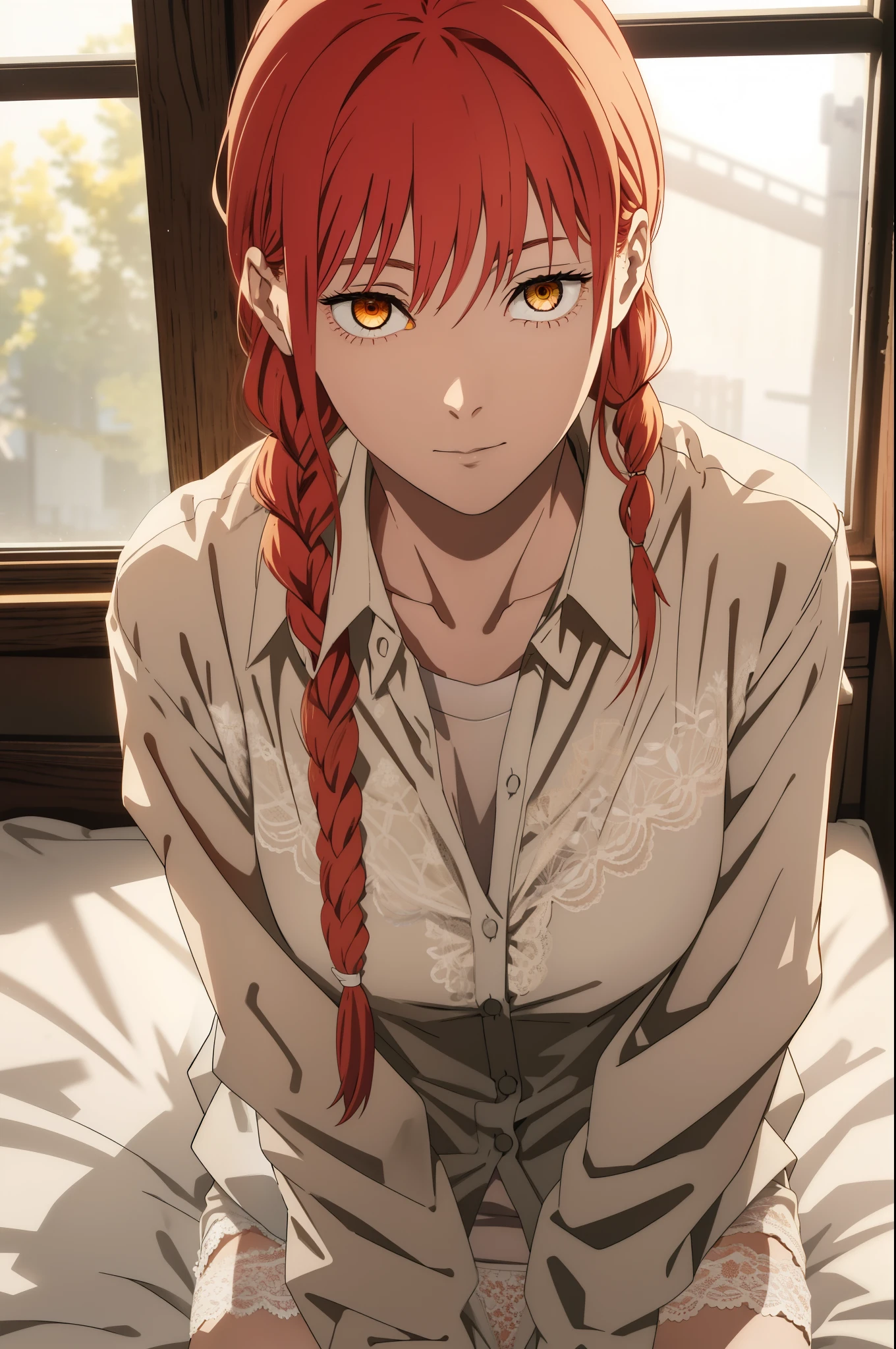 hand \(Chainsaw Man\),, One Girl, only, sit, Redhead, Long braided hair, Golden Eyes, White lace panties, Mid-chest, Open white shirt, Perfect collarbone, (White lace panties), (just:1.2), look up , (close:1.3), , Upper Body, Highest quality, Glowing Skin, Highest quality, High resolution, , bed