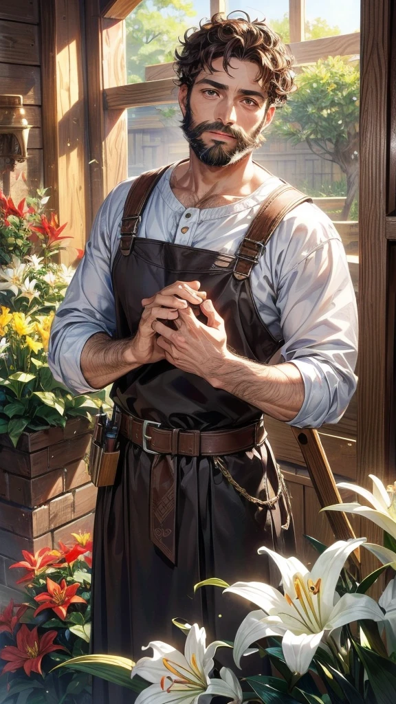 male, 38 years old, Jewish, Direct, short hair, brown hair, curls, Bearded, purity, Carpenter Occupation, Carpenter Clothing, focus, Face and hands, Various flower landscapes, lily, hands holding bunch of lily, 8K, barbarian, English Stone. Joseph