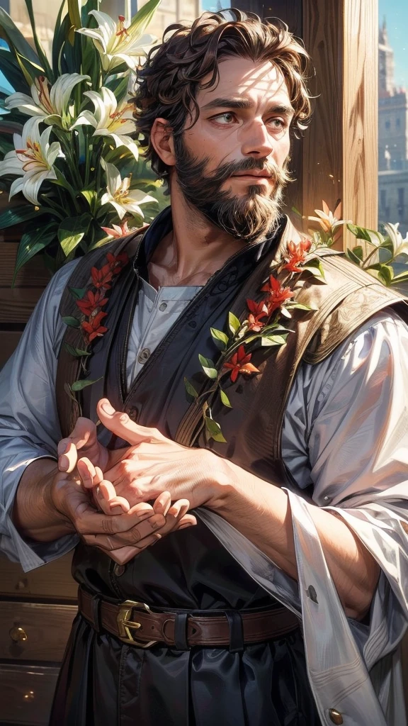 male, 38 years old, Jewish, Direct, short hair, brown hair, curls, Bearded, purity, Carpenter Occupation, Carpenter Clothing, focus, Face and hands, Various flower landscapes, lily, hands holding bunch of lily, 8K, barbarian, English Stone. Joseph