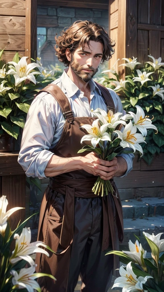 male, 38 years old, Jewish, Direct, short hair, brown hair, curls, Bearded, purity, Carpenter Occupation, Carpenter Clothing, focus, Face and hands, Various flower landscapes, lily, hands holding bunch of lily, 8K, barbarian, English Stone. Joseph
