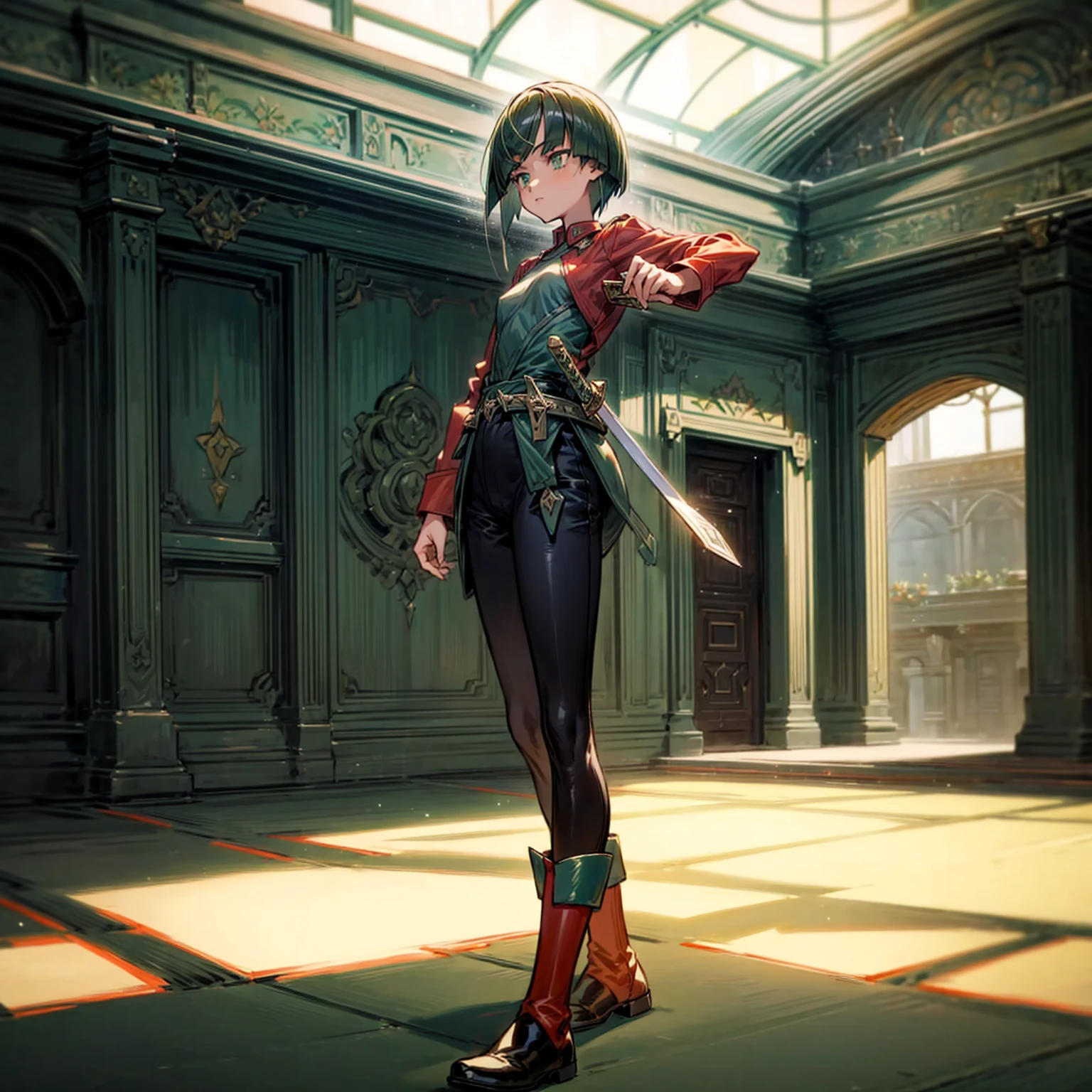 1girl, Full body version, 1character, green eyes, short haircut, green color hair, soldier style clothing, red colour clothing, boots, Grassroots, background indoor building city, motion blur, (detective conan style art), standing gesture, sword in hand 