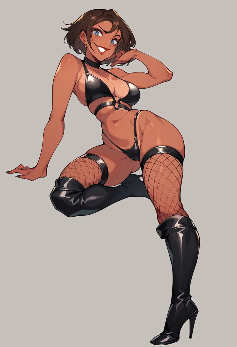 Beautiful sensual erotic woman with big .She wears fishnet stockings up to her thighs.Blue eyes with black eyeliner, Red semi-matte lipstick, Tan Skin, A frivolous, proud smile, Brown Hair.Full body image、Plain white background、Black thigh-high boots with black stiletto heels.Black harness、Black bikini swimsuit、Black bra、Full body angle from the front、BDSM、Pin-up girl style、