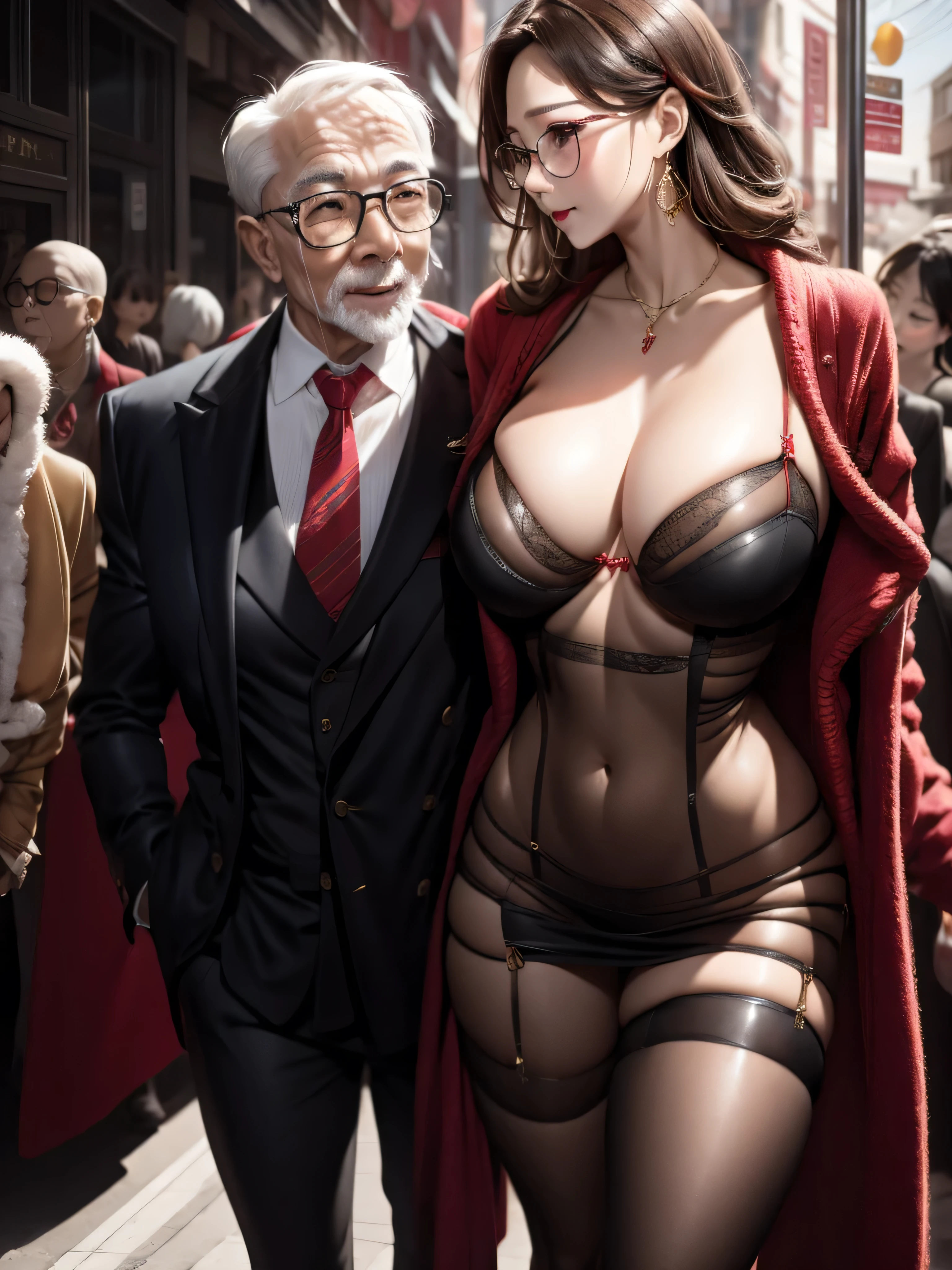 In a crowded street，a beautiful woman wearing sexy dress and an old man are making out on road side, UHD, masterpiece, textured skin, super detail, best quality, 8k