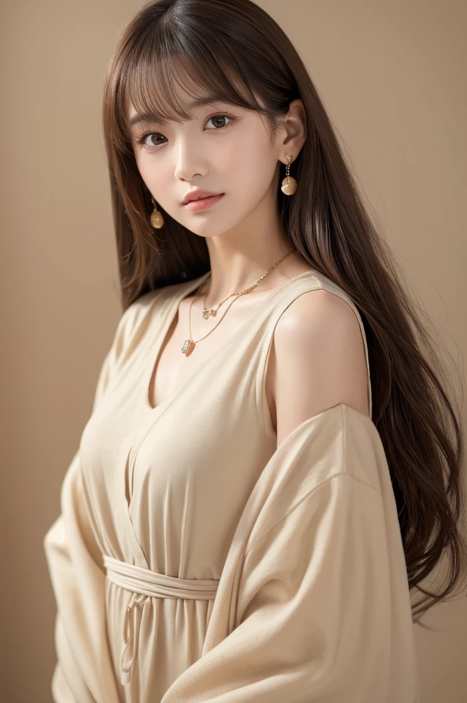 ((Highest quality, 8k, masterpiece:1.3)), concentrate: 1.2, Perfect body beauty: 1.4, Hips: 1.2, ((Long Hair, chest: 1.2)), (Dry clothes: 1.1) , (clear, Simple Background:1.3), Simple clothes: 1.1, Highly detailed face and skin texture,Delicate eyes, double eyelid, Whitened skin, Rough skin、Long Hair、Earrings with bangs、necklace、 solo、Beige coat、White shirt, (((Beautiful girl with cute Japan)))、 ((Beautiful Japanese girl 20 years old))、 ((Baby Face))、 (((Slender body)))、 Upper Body,Face focus、necklace,Simple Background,From above, Realistic Hair、 A photograph was taken:Canon EOS R6、135mm、1/1250 seconds、f2.8、ISO400、(Detailed explanation of the hand)、(Masseter muscle area)、(Exquisite CG)、Long Hair, loose and curly hair、Korean Hair、Long Hair明るいベージュ色、グラデーションハイライトグレージュのゆるふわLong Hairスタイル、
