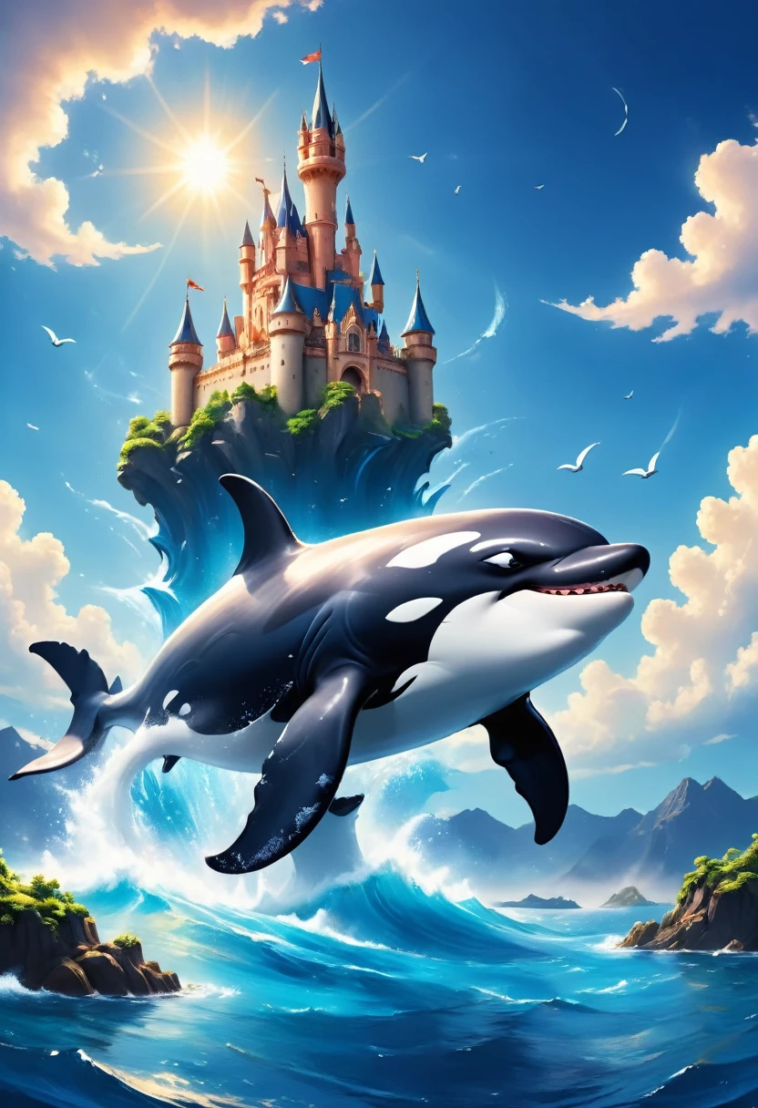 a digital paining of whale (flying over a castle: 1.3) in the middle of the sea, a giant whale an (epic killer whale: 1.3), (anatomically correct: 1.3) flying over a fantasy (castle at sea: 1.2), the castle is big with towers and turrets, its a wavy sea, its a sunny day, sun rays, Ultra-high resolution, High Contrast, (masterpiece:1.5), highest quality, Best aesthetics), 16K fantasy art, best details, best quality, highres, (ultra wide angle: 1.2), 16k, [ultra detailed], masterpiece, best quality, (extremely detailed),  magical sky, digital painting