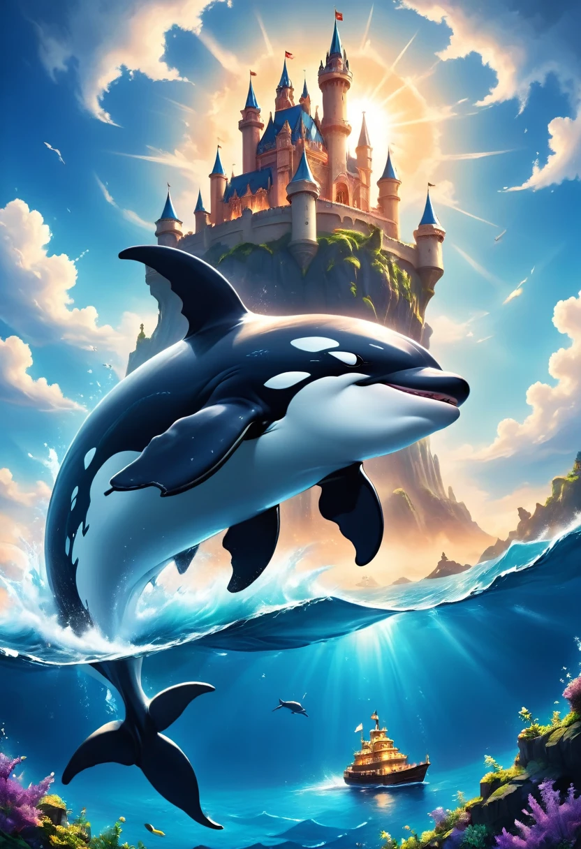 a digital paining of whale (flying over a castle: 1.3) in the middle of the sea, a giant whale an (epic killer whale: 1.3), (anatomically correct: 1.3) flying over a fantasy (castle at sea: 1.2), the castle is big with towers and turrets, its a wavy sea, its a sunny day, sun rays, Ultra-high resolution, High Contrast, (masterpiece:1.5), highest quality, Best aesthetics), 16K fantasy art, best details, best quality, highres, (ultra wide angle: 1.2), 16k, [ultra detailed], masterpiece, best quality, (extremely detailed),  magical sky, digital painting