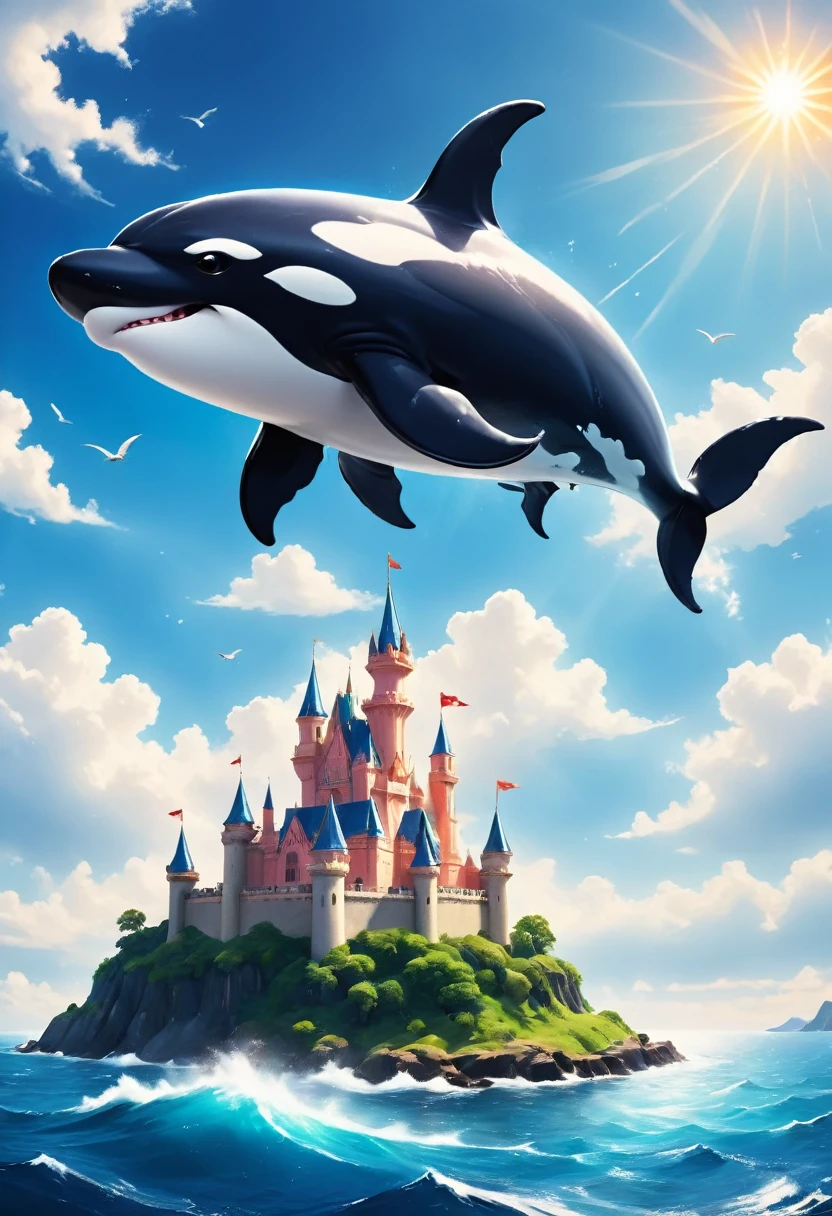 a digital paining of whale (flying over a castle: 1.3) in the middle of the sea, a giant whale an (epic killer whale: 1.3), (anatomically correct: 1.3) flying over a fantasy (castle at sea: 1.2), the castle is big with towers and turrets, its a wavy sea, its a sunny day, sun rays, Ultra-high resolution, High Contrast, (masterpiece:1.5), highest quality, Best aesthetics), 16K fantasy art, best details, best quality, highres, (ultra wide angle: 1.2), 16k, [ultra detailed], masterpiece, best quality, (extremely detailed),  magical sky, digital painting