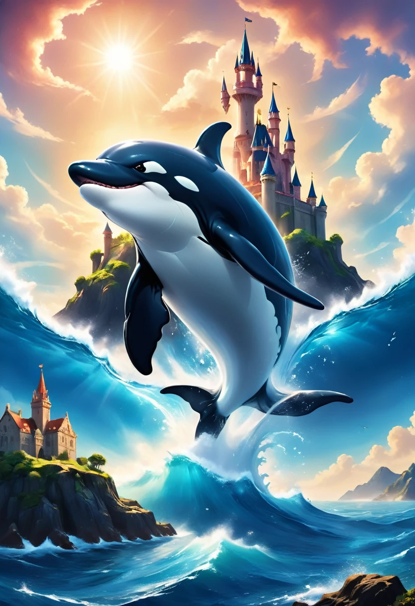 a digital paining of whale (flying over a castle: 1.3) in the middle of the sea, a giant whale an (epic killer whale: 1.3), (anatomically correct: 1.3) flying over a fantasy (castle at sea: 1.2), the castle is big with towers and turrets, its a wavy sea, its a sunny day, sun rays, Ultra-high resolution, High Contrast, (masterpiece:1.5), highest quality, Best aesthetics), 16K fantasy art, best details, best quality, highres, (ultra wide angle: 1.2), 16k, [ultra detailed], masterpiece, best quality, (extremely detailed),  magical sky, digital painting