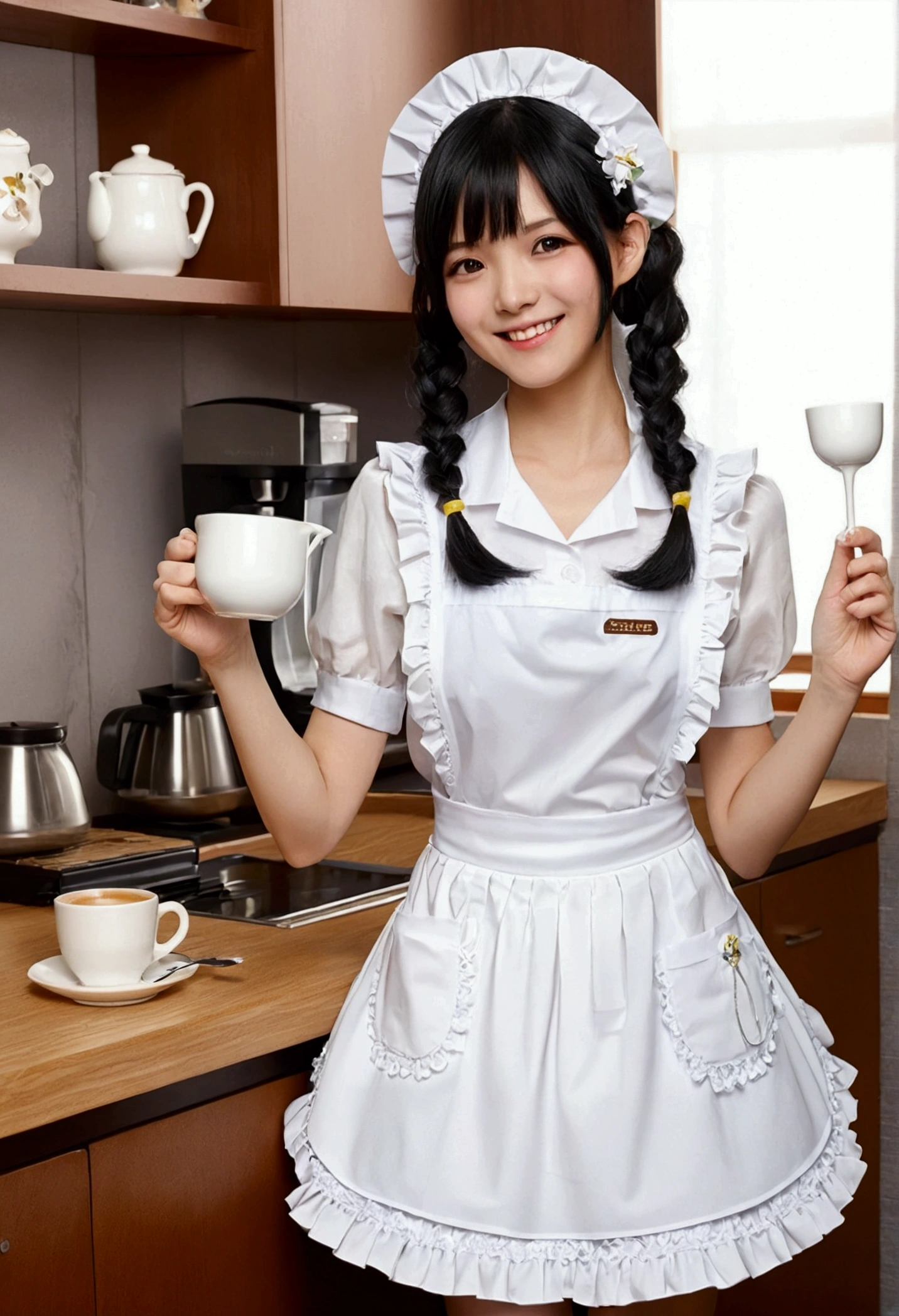 1 girl、As an adult、152 cm、smile、shirt、skirt、apron、hair ornaments、Black Hair、Fairy、Maid、Maidコスチューム、（Small breasts）、coffee