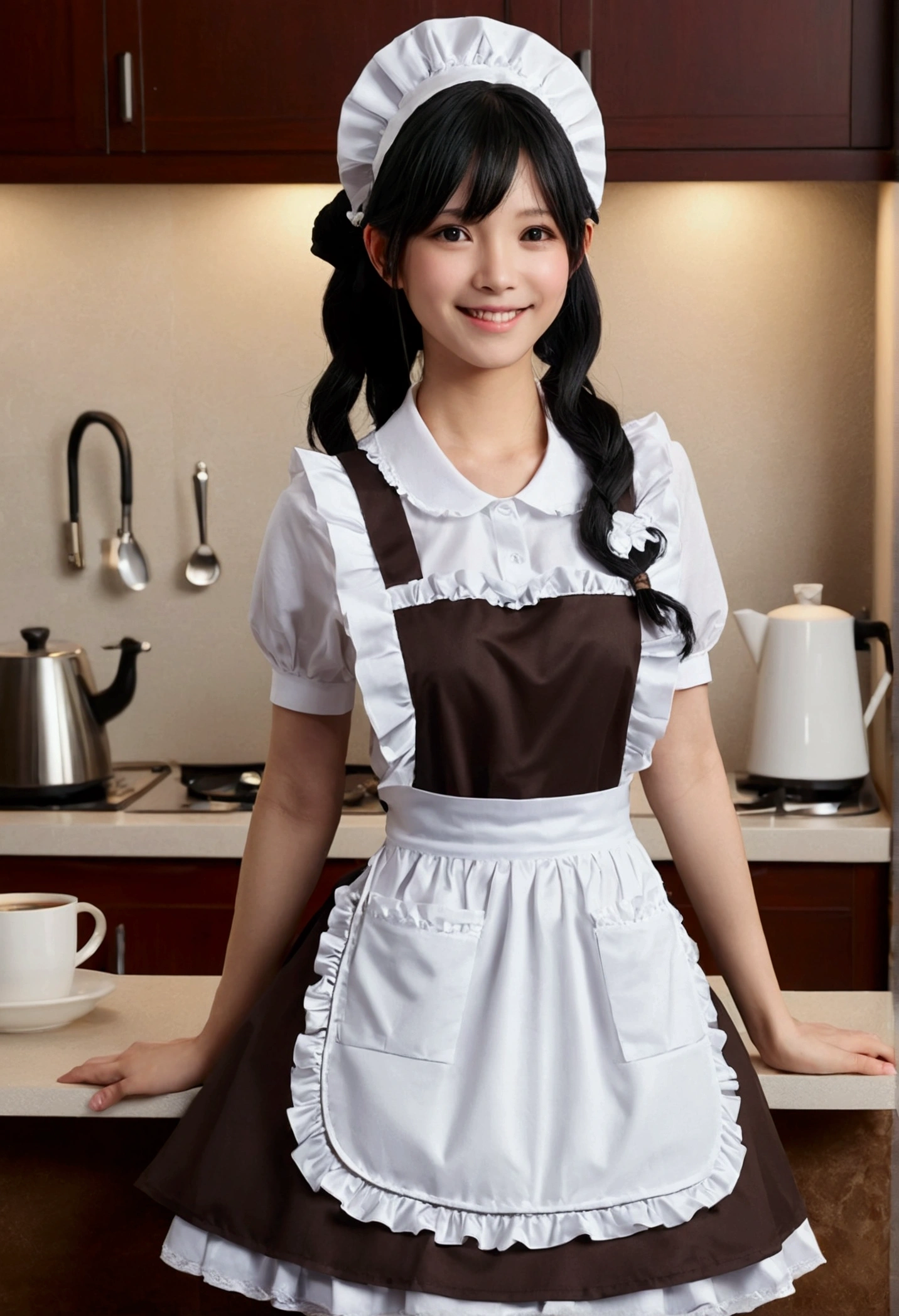 1 girl、As an adult、152 cm、smile、shirt、skirt、apron、hair ornaments、Black Hair、Fairy、Maid、Maidコスチューム、（Small breasts）、coffee