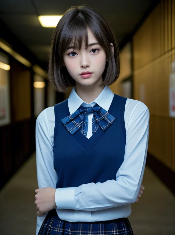 product quality, 1girl, upper body shot, front view, a Japanese young pretty girl, 16 years old, High school, Old wooden school building, hallway, (Many students in the background:1.2), leaning against the wall, waiting for someone, short hair, glamorous figure, busty, wearing a white collared shirt of long sleeves, plain dark blue bow tie, dark blue tartan plaid pleated skirt, hyper cute face, glossy lips, double eyelids in both eyes, natural makeup, long eyelashes, shiny smooth light brown hair, asymmetrical bangs, fair skin, central image, high resolution, high detail, detailed hairstyle, detailed face, spectacular cinematic lighting, octane rendering, vibrant, hyper realistic, perfect limbs, perfect anatomy,