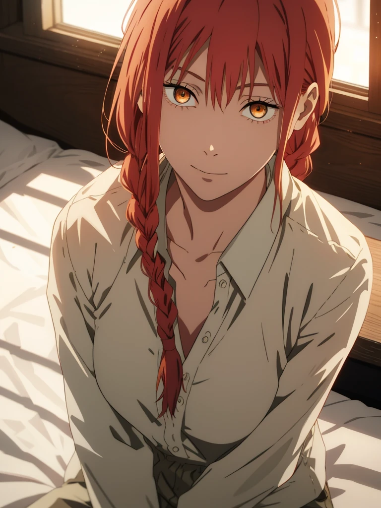 hand \(Chainsaw Man\),, One Girl, only, sit, Redhead, Long braided hair, Golden Eyes, show off breast, Mid-chest, Open white shirt, Perfect collarbone, (White lace panties), (just:1.2), look up , (close:1.3), , Upper Body, Highest quality, Glowing Skin, Highest quality, High resolution, , bed