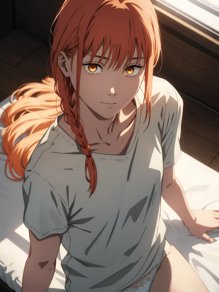 hand \(Chainsaw Man\),, One Girl, only, sit, Redhead, Long braided hair, Golden Eyes, show off breast, Mid-chest, Open white shirt, Perfect collarbone, (White lace panties), (just:1.2), look up , (close:1.3), , Upper Body, Highest quality, Glowing Skin, Highest quality, High resolution, , bed