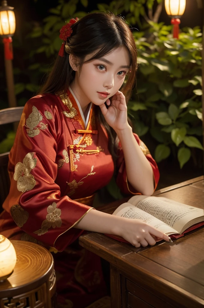 A photo of a beautiful girl in a traditional Chinese dress looking at ancient chinese book under lamp on a low table in garden surrounded by old walls in a peaceful night,((her right hold a pen and her left hand place on table)),((masterpiece)),realistic,4k,extremely detailed,((beautiful big eyes))