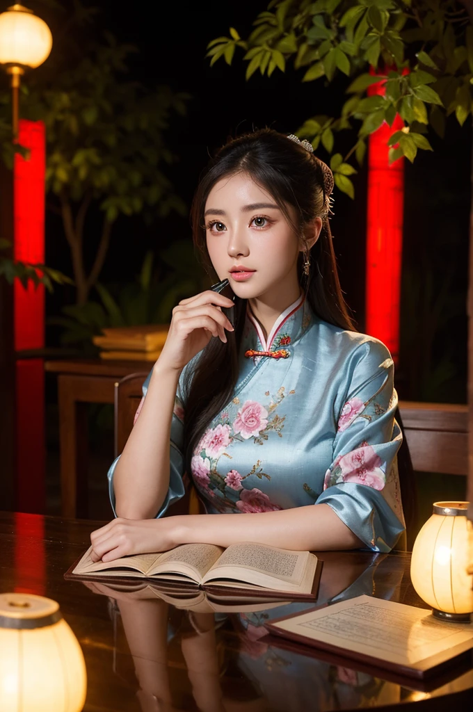 A photo of a beautiful girl in a traditional Chinese dress looking at ancient chinese book under lamp on a low table in garden surrounded by old walls in a peaceful night,((her right hold a pen and her left hand place on table)),((masterpiece)),realistic,4k,extremely detailed,((beautiful big eyes))