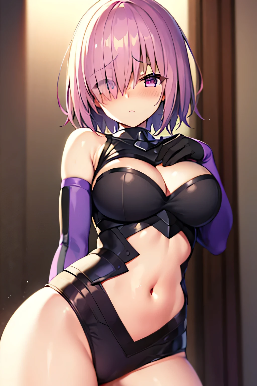 super fine illustration, vibrant colors, masterpiece, sharp focus, best quality, depth of field, cinematic lighting, ultra detailed, 1girl, solo,  blush, annoyed, navel cutout, black armor, Shielder, Mash Kyrielight, pink hair, hair over one eye, bare shoulder, elbow gloves, leotard, armored dress, armored skirt, shield, clothing cutout, v-shaped eyebrows, Fate/Grand Order stage 1, hip posing, armored skirt