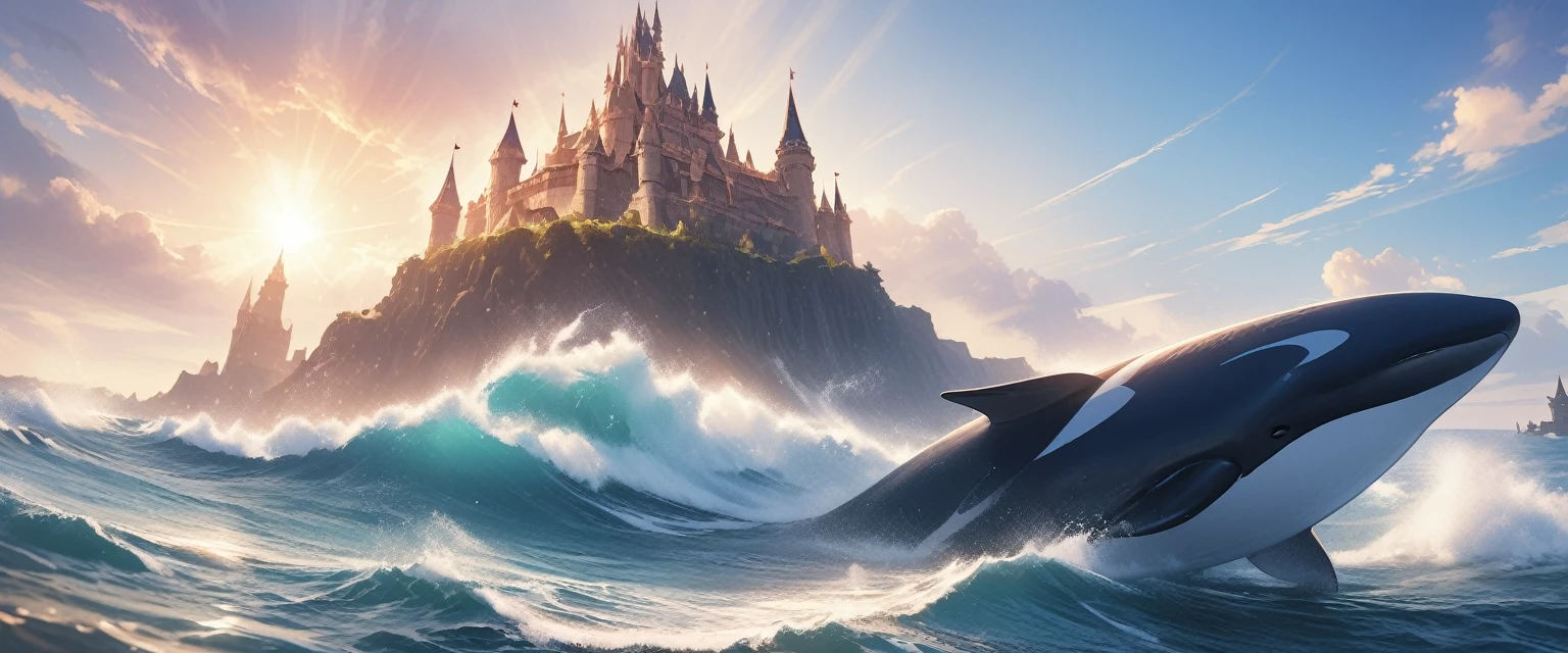 a digital paining of whale (flying over a castle: 1.3) in the middle of the sea, a giant whale an (epic killer whale: 1.3), (anatomically correct: 1.3) flying over a fantasy (castle at sea: 1.2), the castle is big with towers and turrets, its a wavy sea, its a sunny day, sun rays, Ultra-high resolution, High Contrast, (masterpiece:1.5), highest quality, Best aesthetics), 16K fantasy art, best details, best quality, highres, (ultra wide angle: 1.2), 16k, [ultra detailed], masterpiece, best quality, (extremely detailed),  magical sky, digital painting